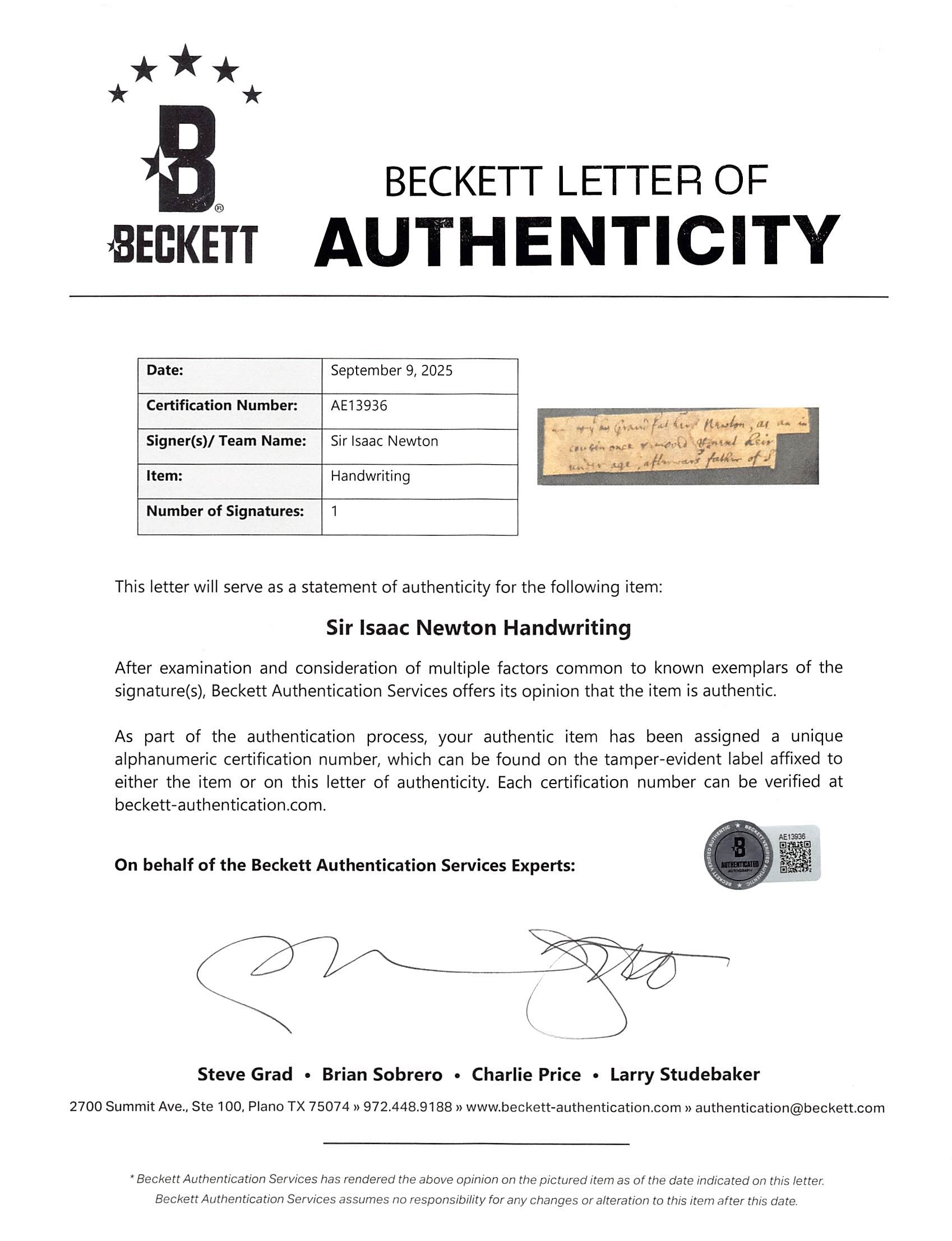 Isaac Newton Framed Authentic .75x3 Handwriting PSA/DNA Slabbed & BAS LOA