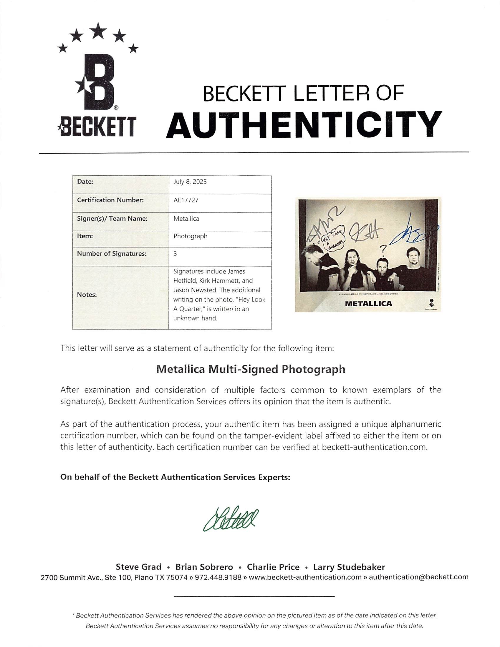 Metallica (3) Hetfield, Hammett & Newsted Signed 8x10 Promo Photo BAS #AE17727