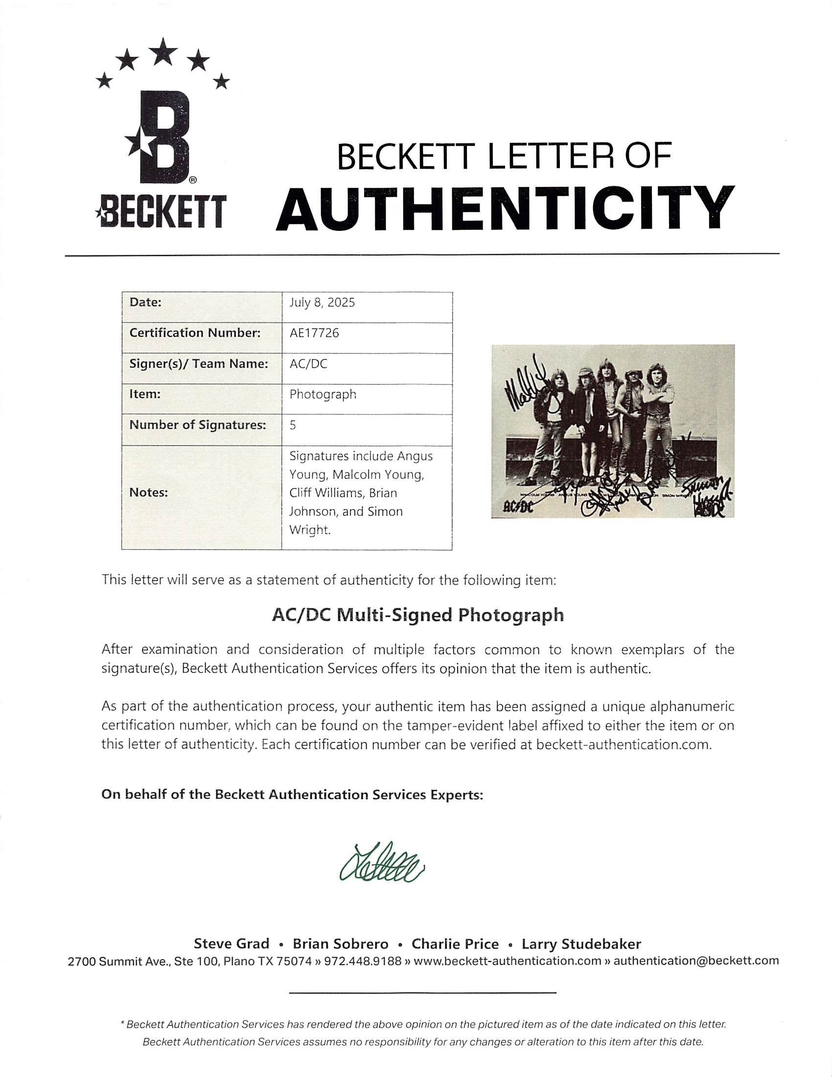 AC/DC (5) Angus, Malcolm, Williams, Johnson & Wright Signed 5x7 Photo BAS LOA