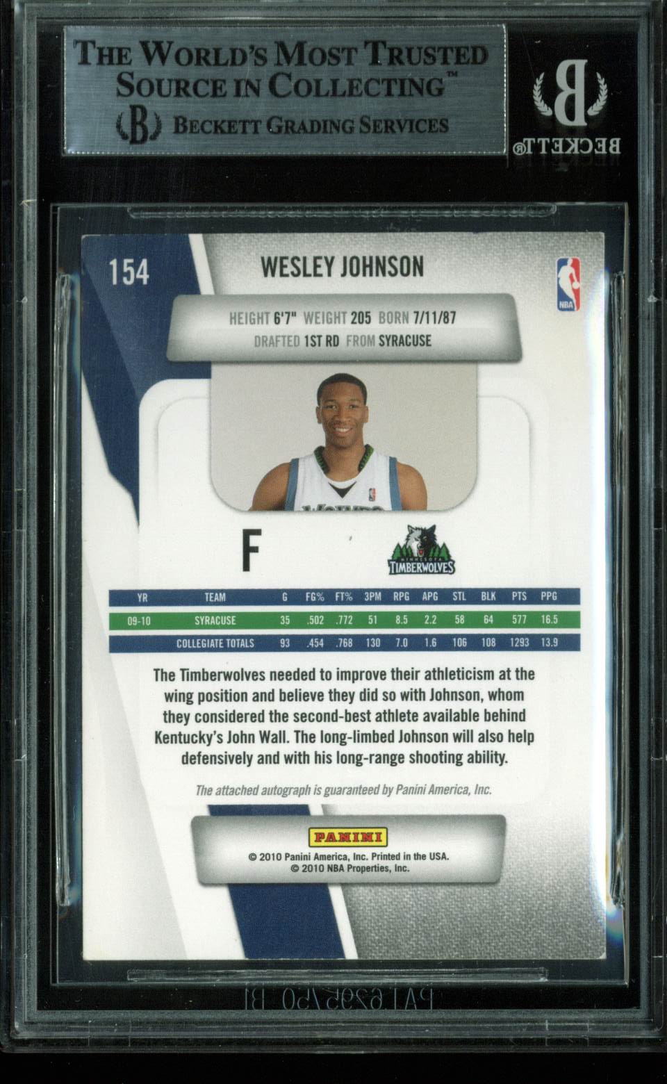 Timberwolves Wesley Johnson Signed Card 2010 Prestige RC #154 BAS Slab #9623047