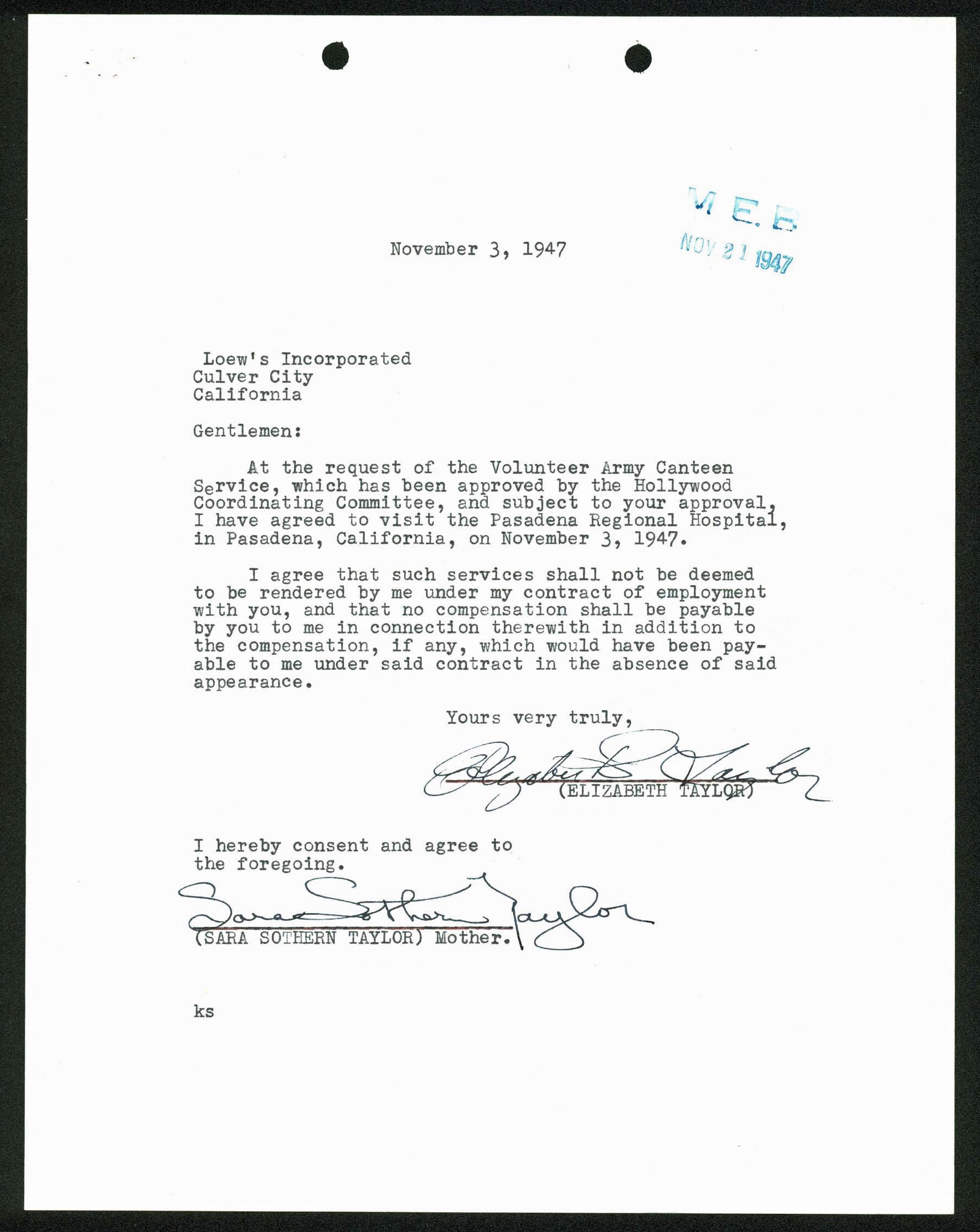 Elizabeth Taylor Signed 8.5x11 Letter Dated November 3rd 1947 PSA/DNA #X03948