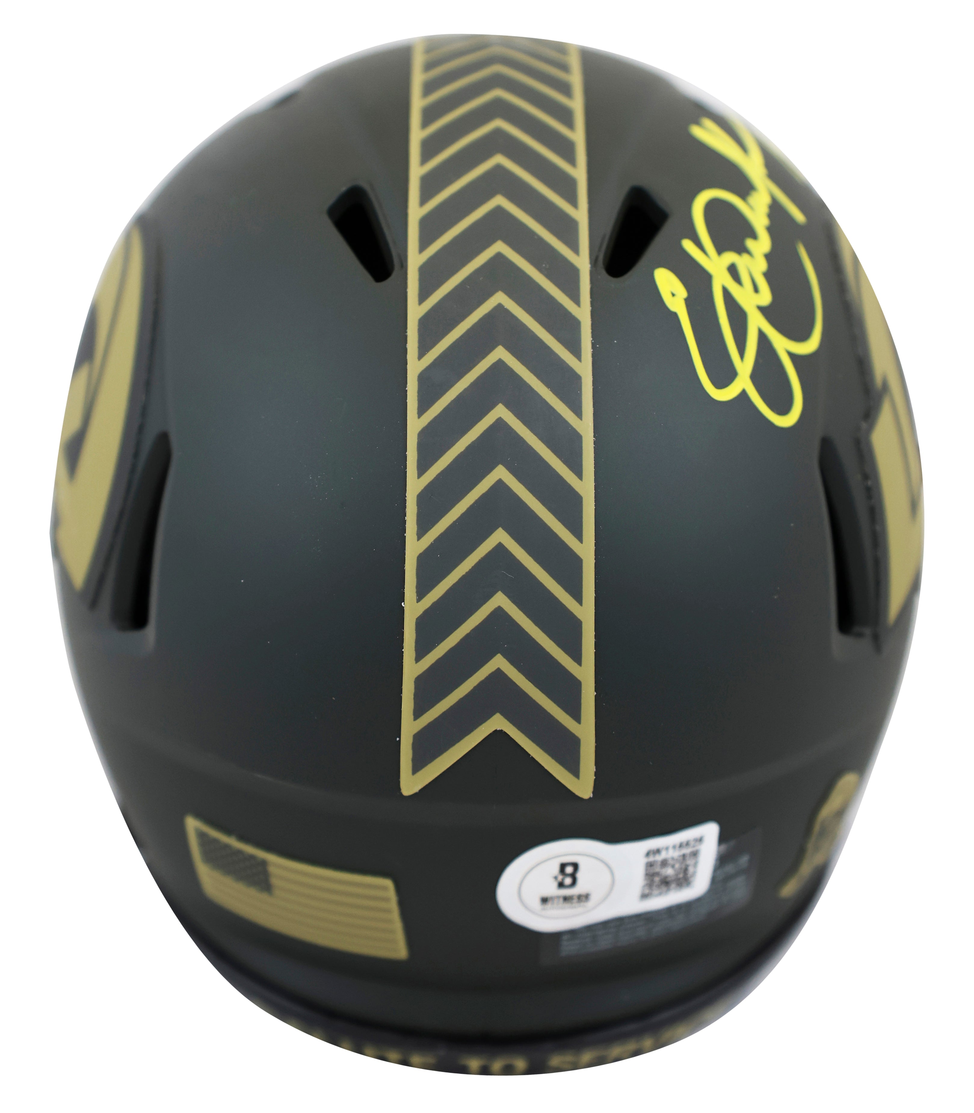 Rams Eric Dickerson "HOF 99" Signed Salute to Service IV Speed Mini Helmet BAS W