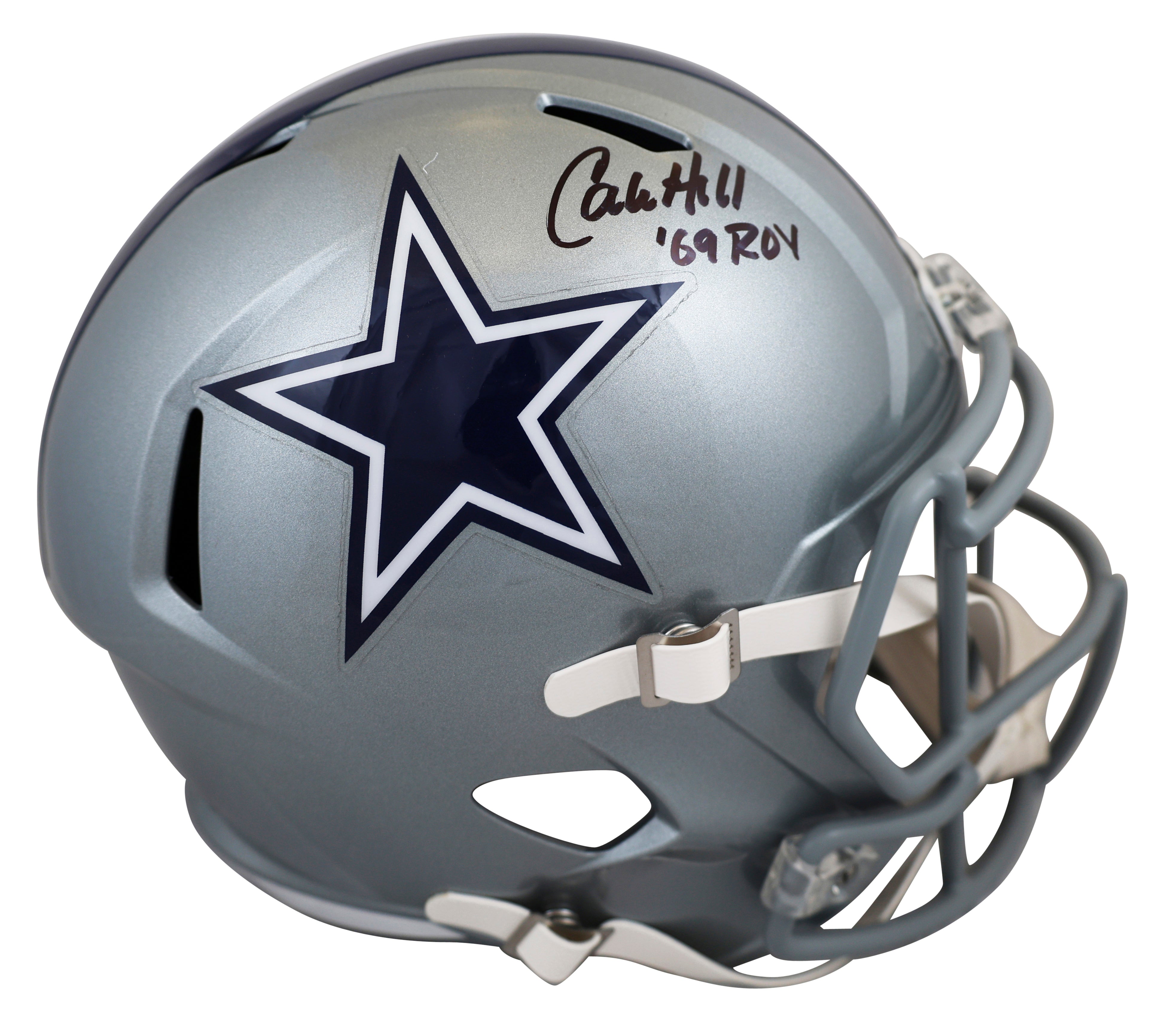 Cowboys Calvin Hill "ROY 1969" Signed Full Size Speed Rep Helmet W/ Case BAS Wit