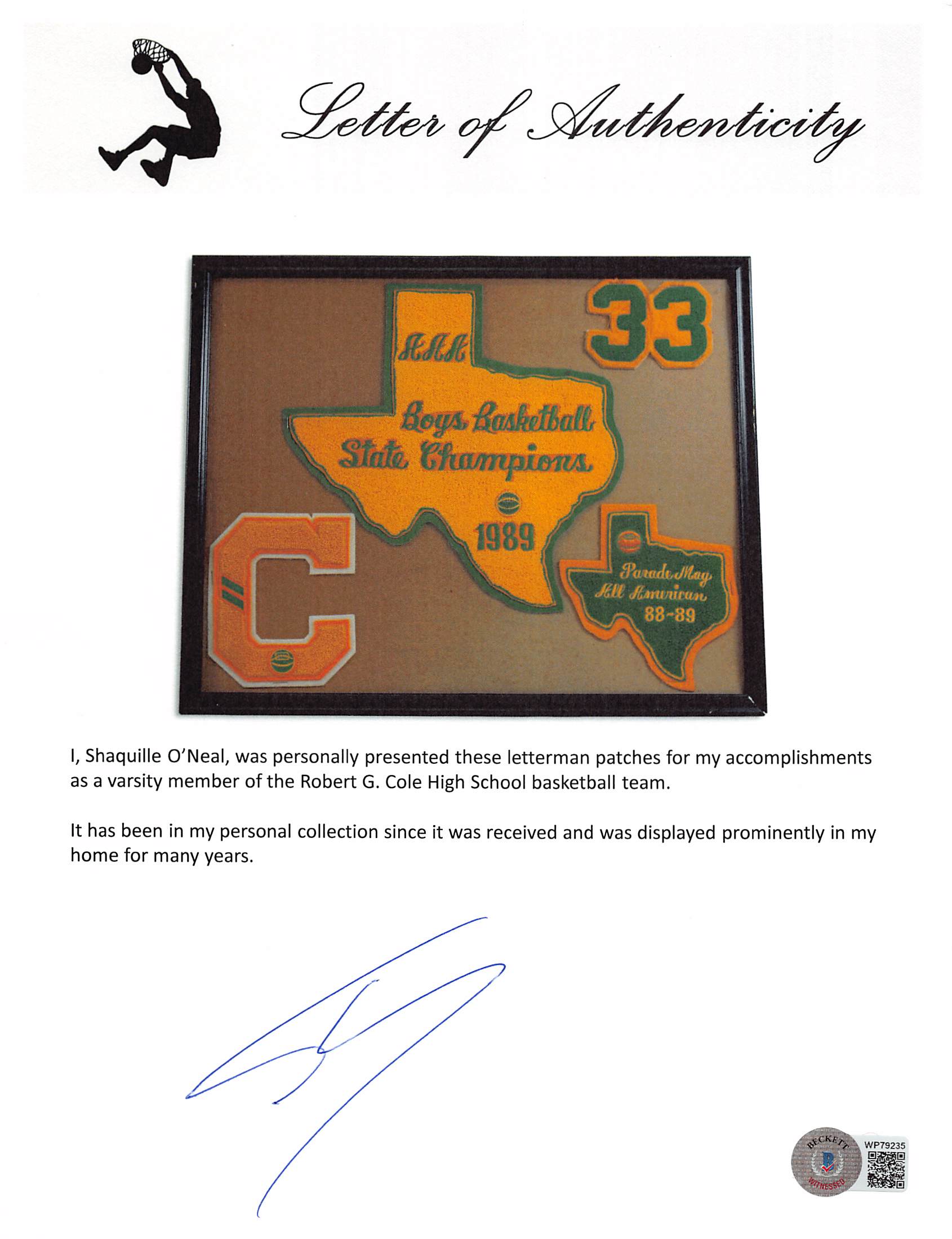 Shaquille O'Neal 1989 Robert G. Cole High School Framed Letterman Patches