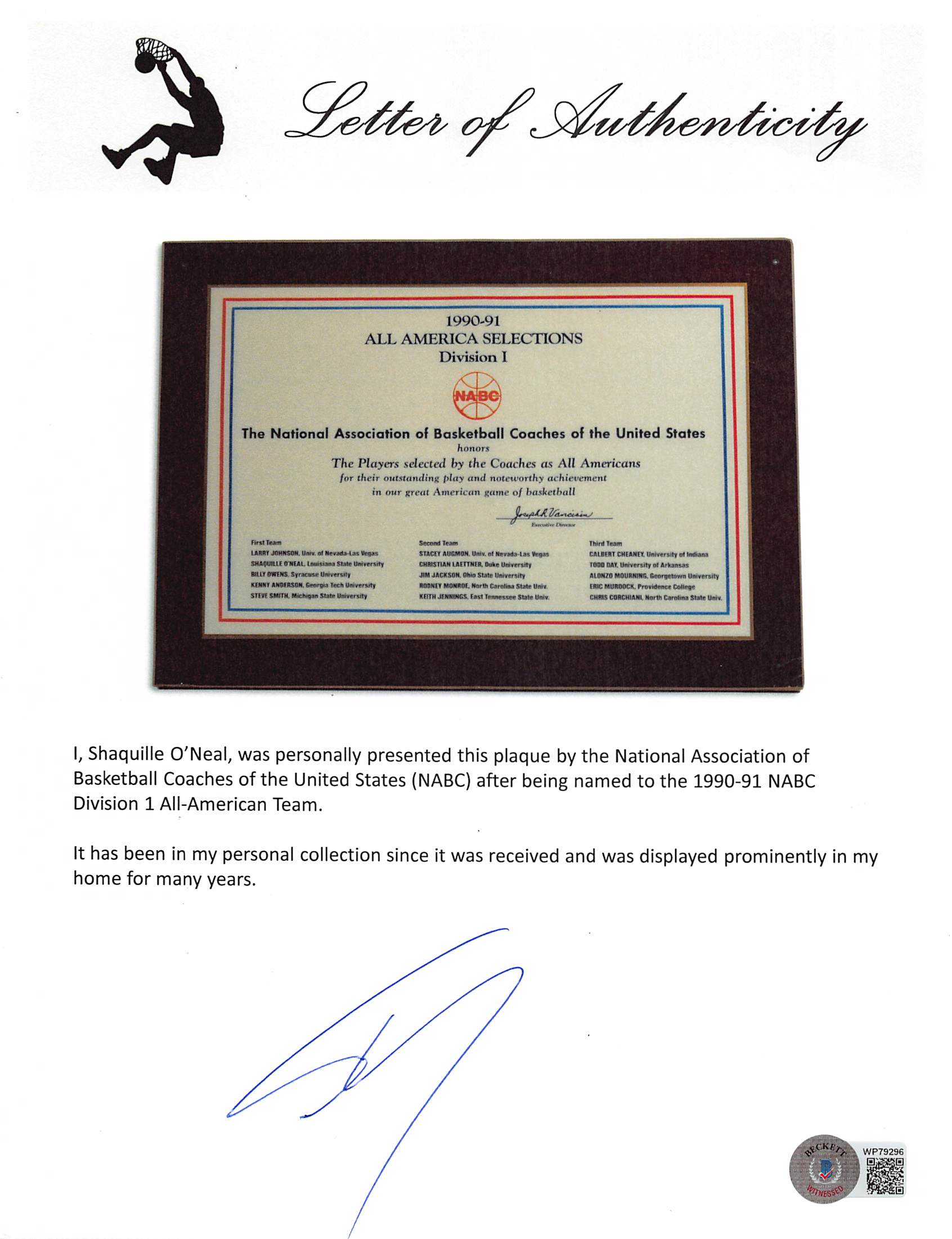 Shaquille O'Neal 1990 NABC Division 1 All-American Team Plaque Un-signed