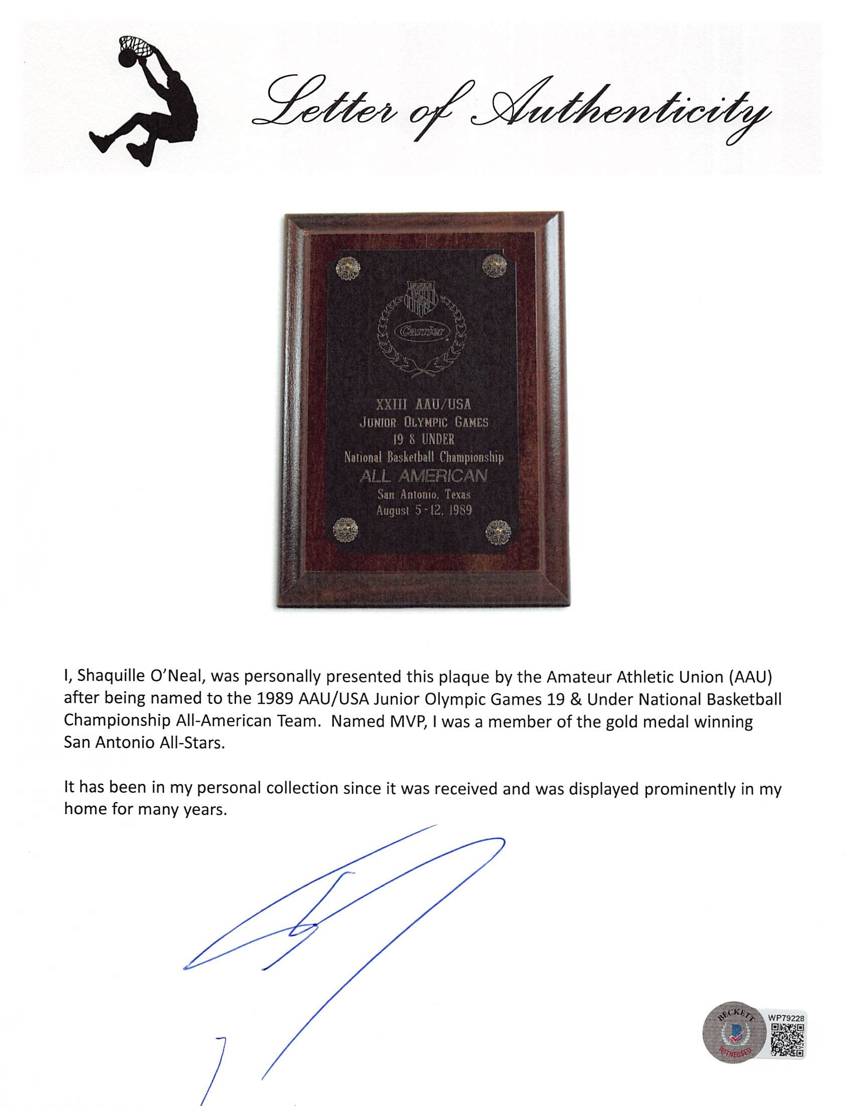 Shaquille O'Neal Signed 1989 AAU Junior Olympic Games All American Plaque