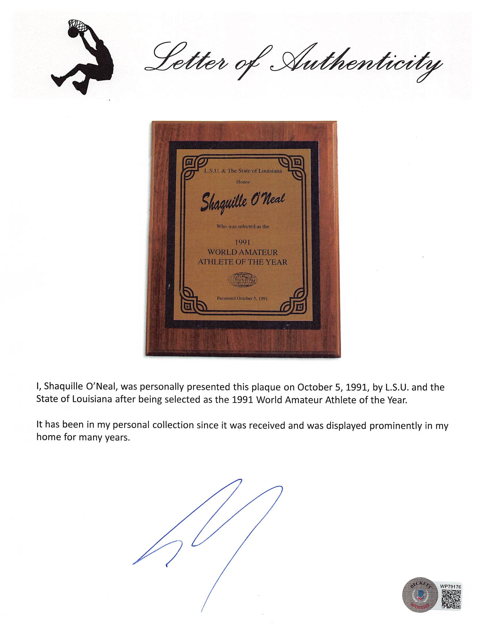 Shaquille O'Neal 1991 LSU World Amateur Athlete of the Year Plaque Un-signed