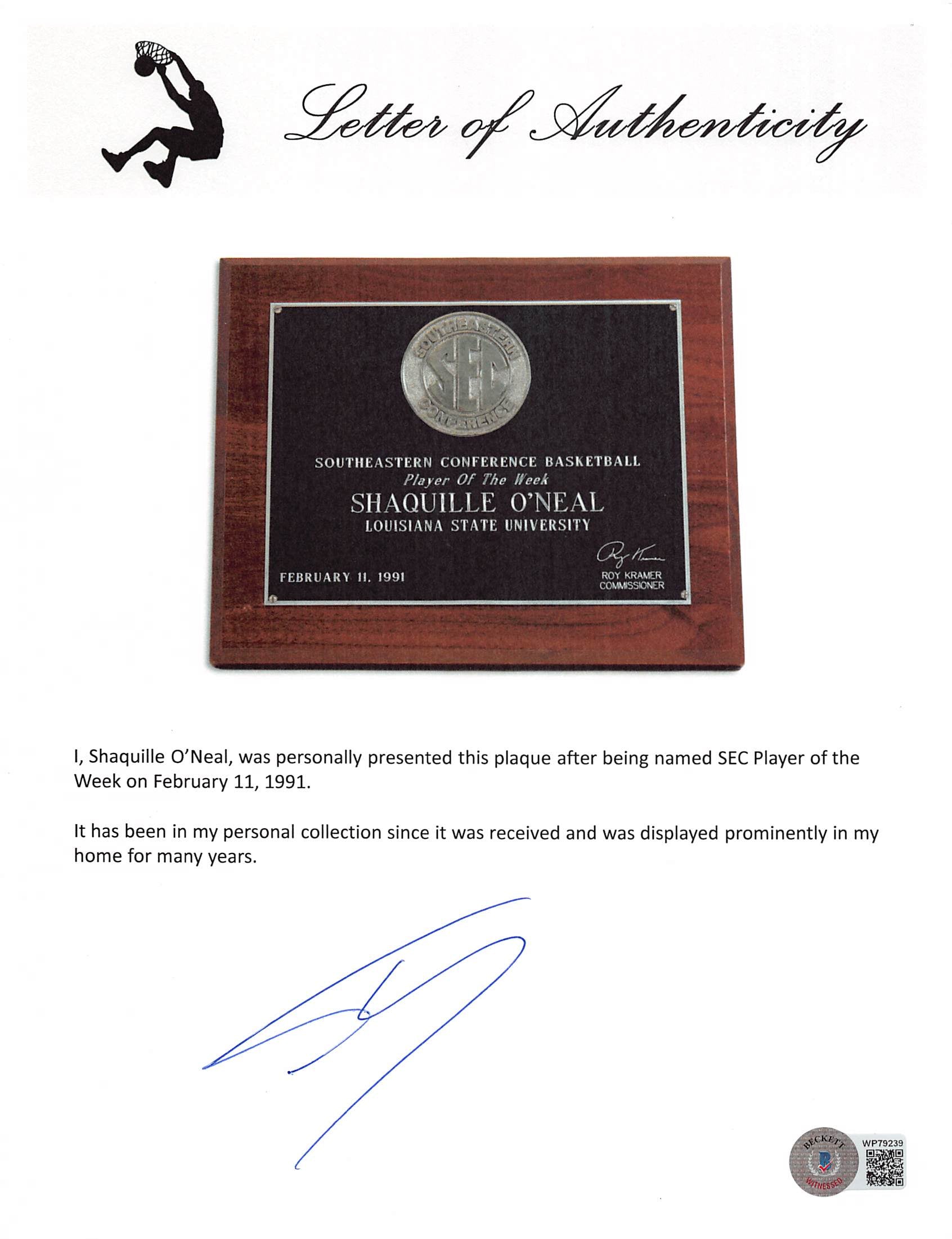 Shaquille O'Neal February 11, 1991 SEC Player of the Week Plaque Un-signed