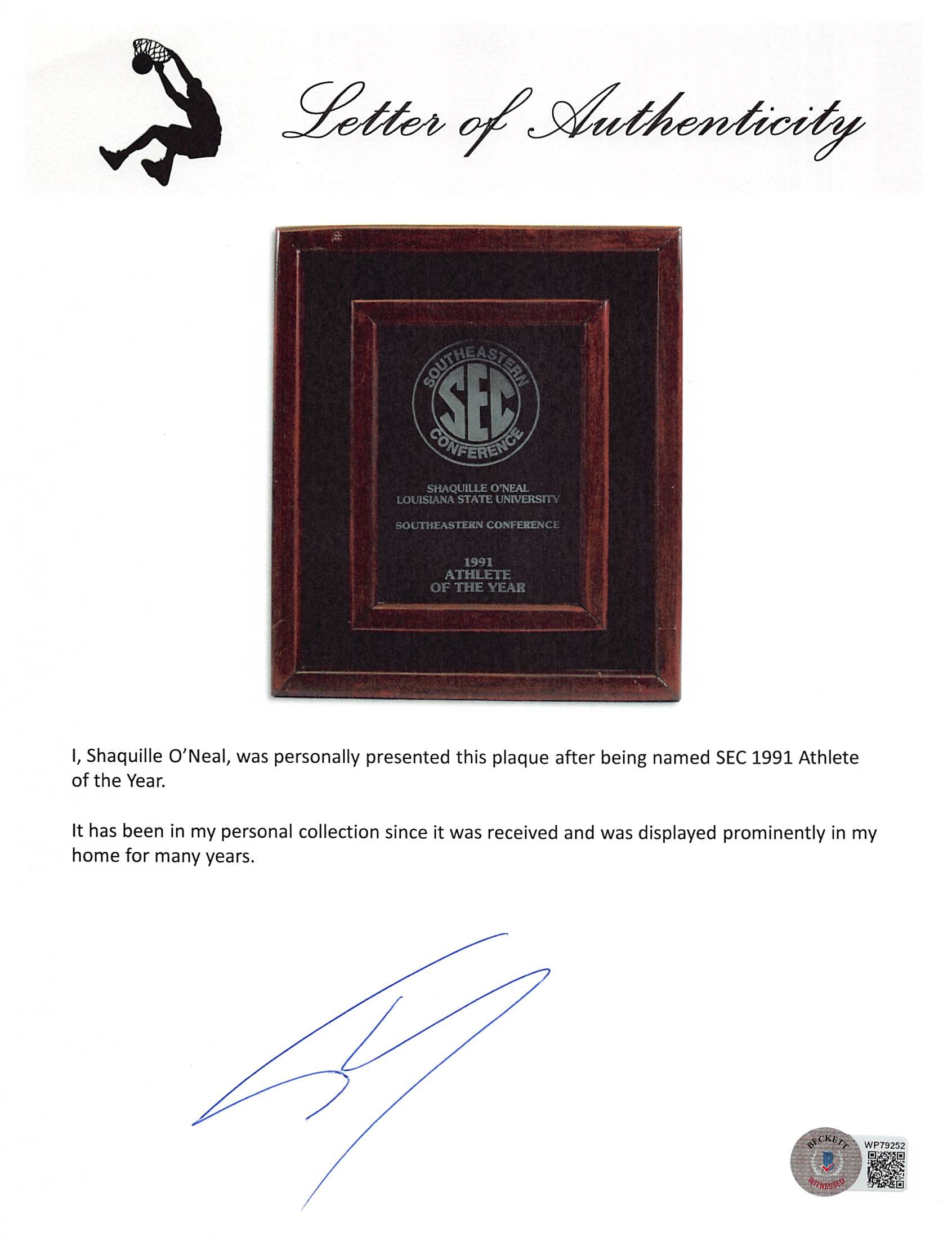 Shaquille O'Neal 1991 Southeastern Conference Athlete of the Year Plaque