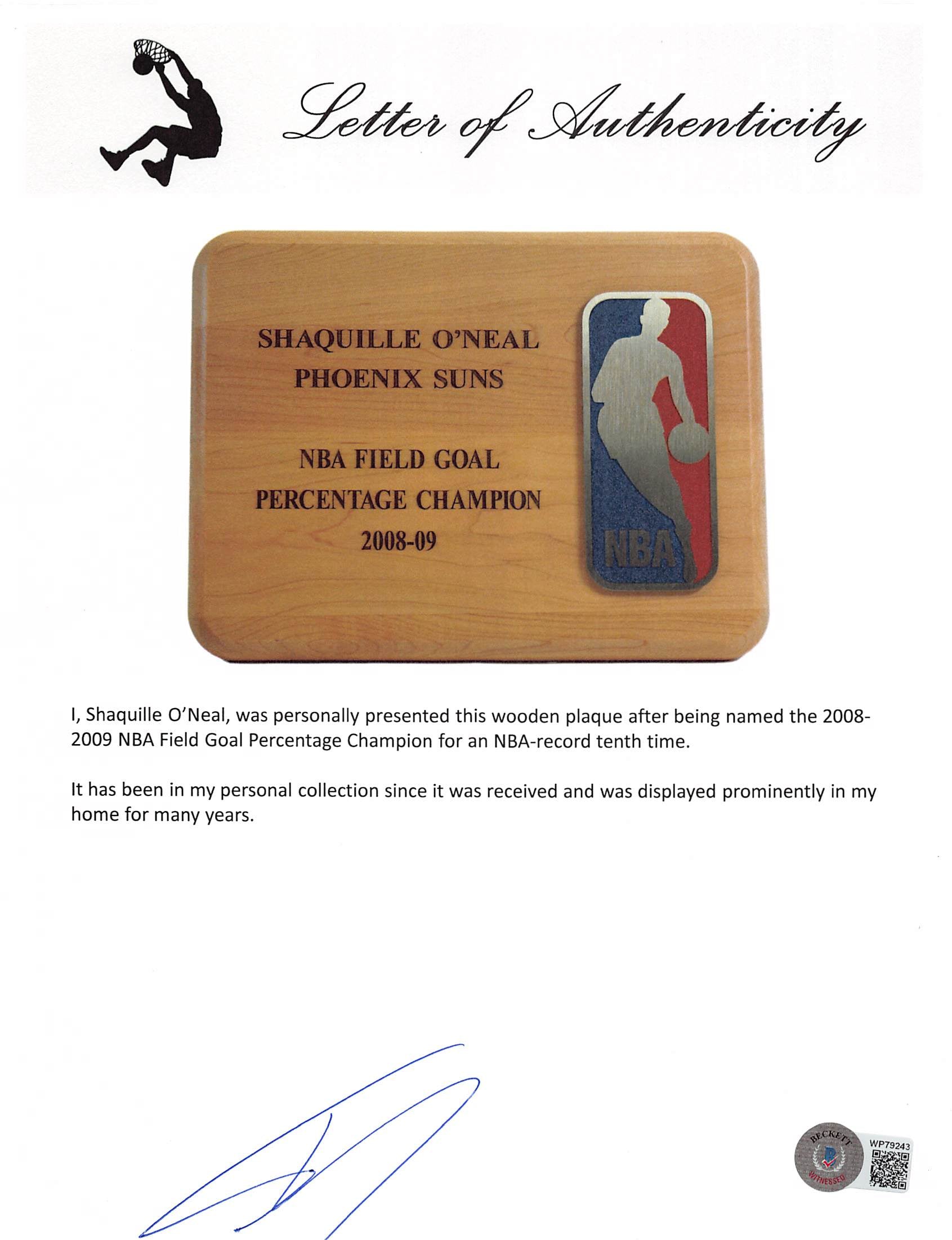 Suns Shaquille O'Neal 2008 NBA Field Goal Percentage Champion Plaque Un-signed