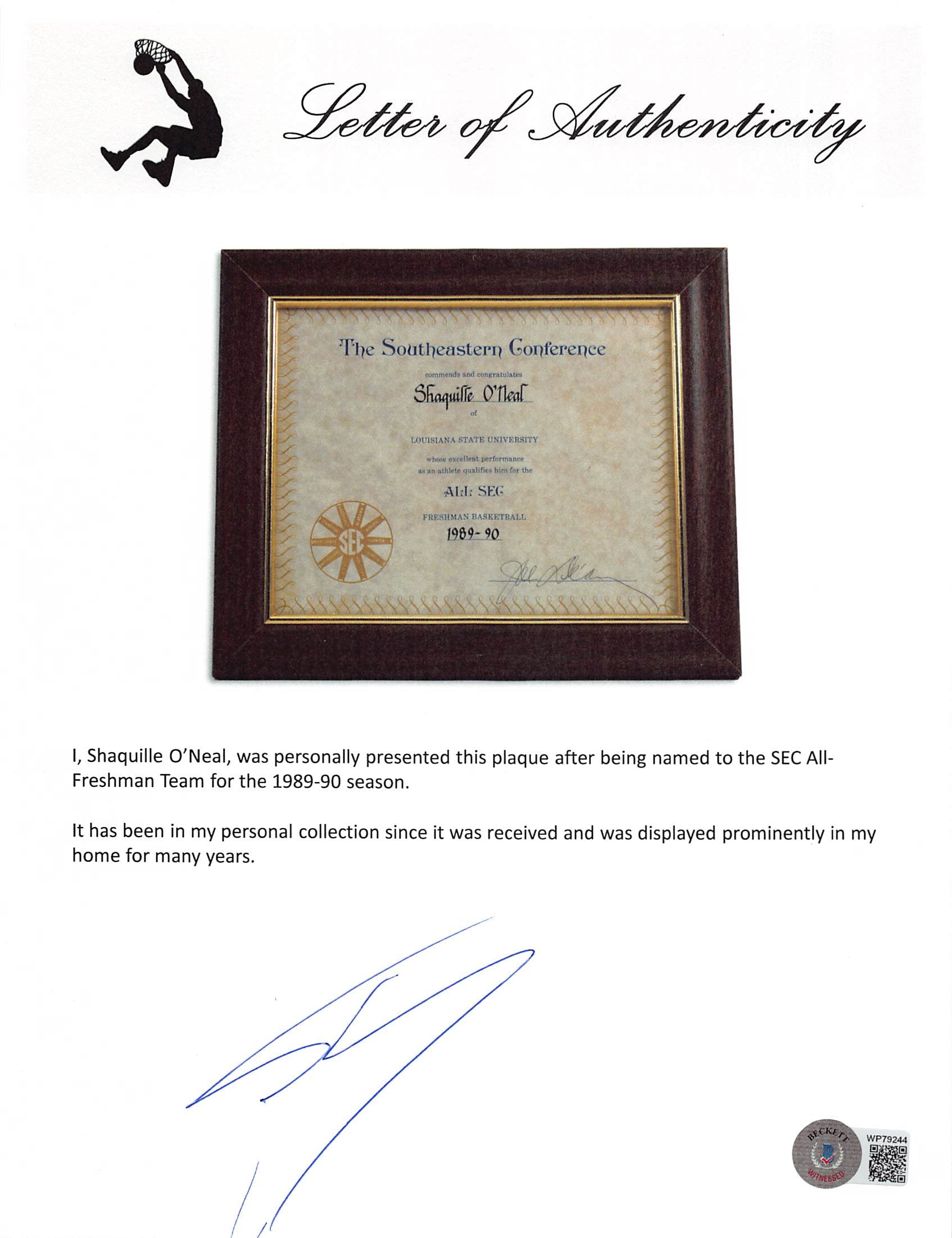 Shaquille O'Neal 1989 Southeastern Conference All SEC Plaque Un-signed