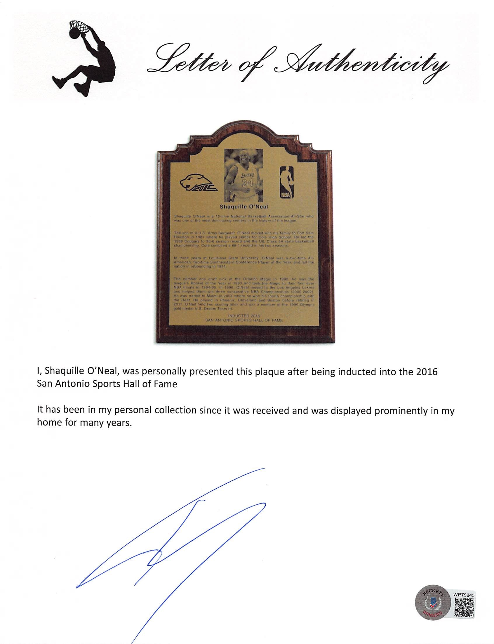 Shaquille O'Neal 2016 San Antonio Sports Hall of Fame Plaque Un-signed