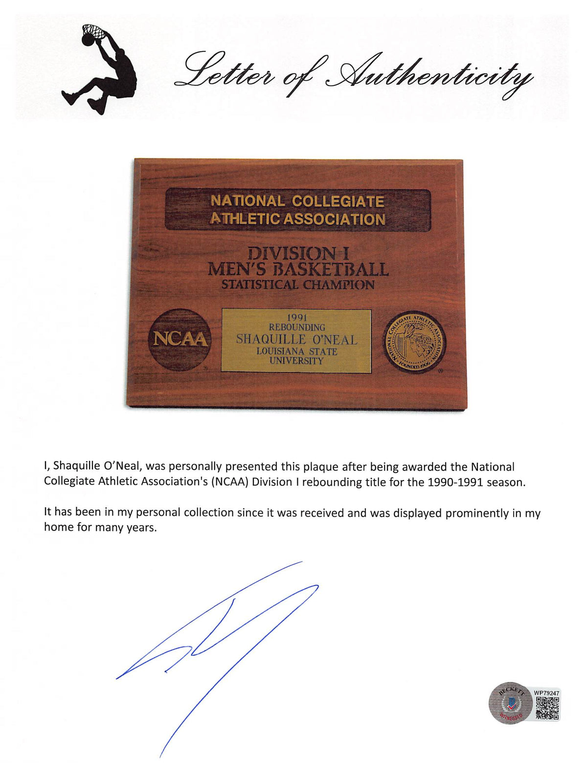Shaquille O'Neal 1990 NCAA Division I Rebounding Title Plaque Un-signed