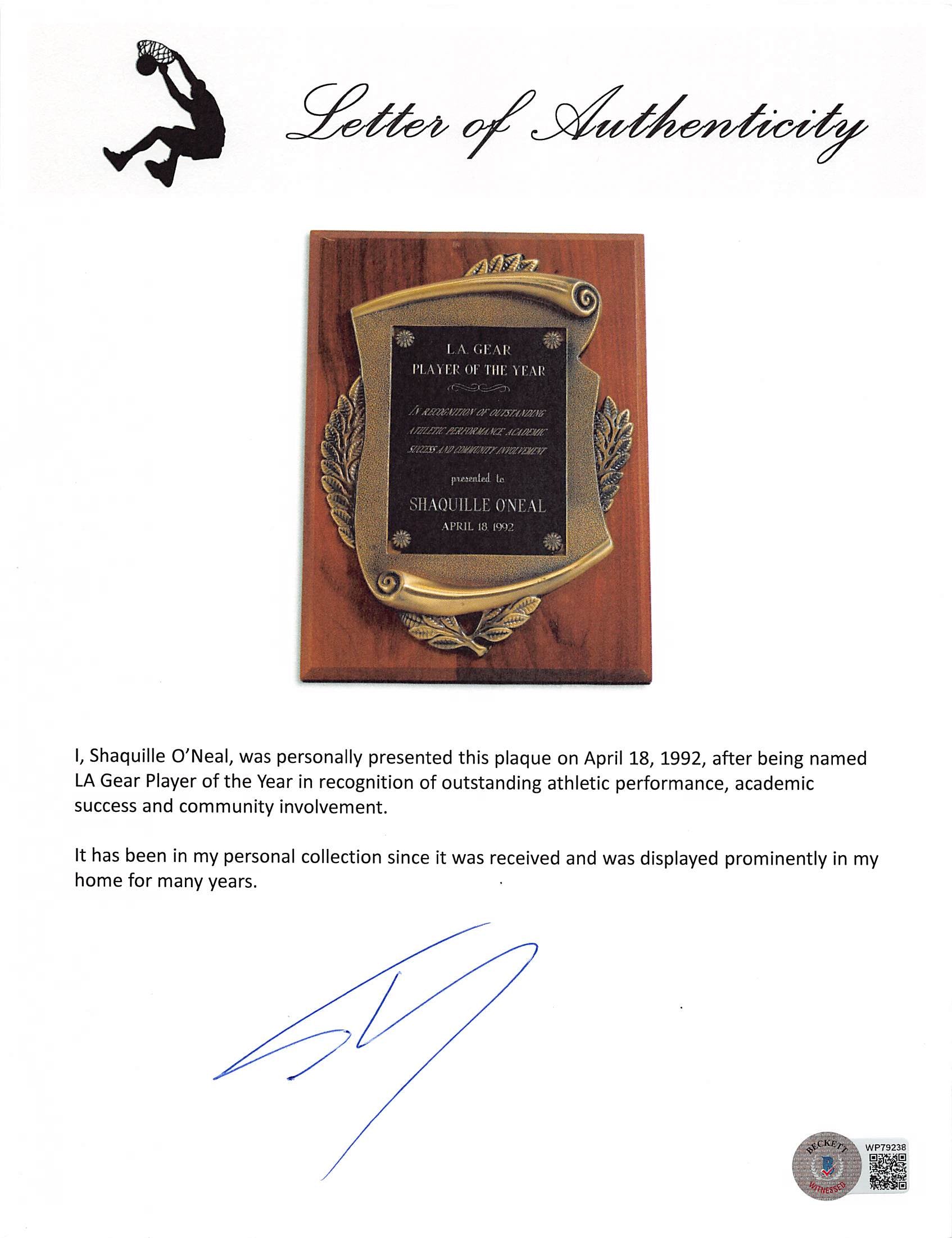 Shaquille O'Neal 1992 LA Gear Player of the Year Plaque Un-signed