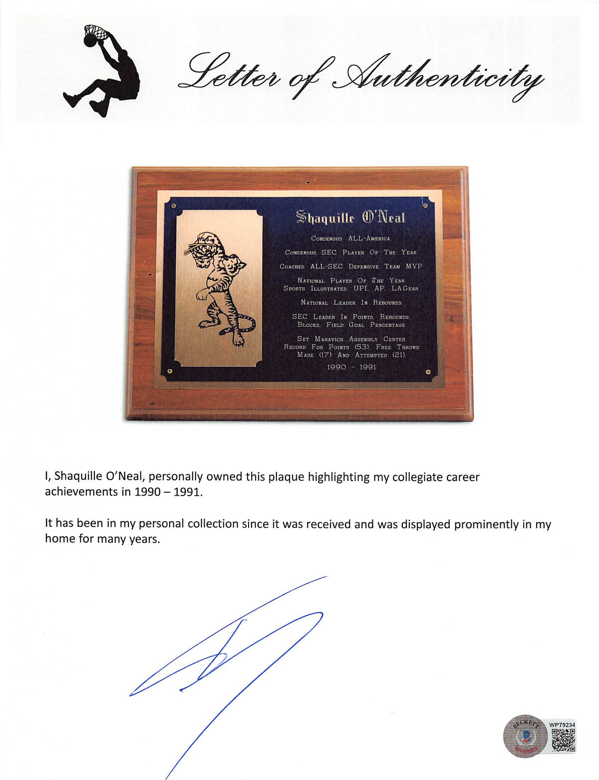 Shaquille O'Neal 1990 LSU Collegiate Career Achievement Plaque Un-signed