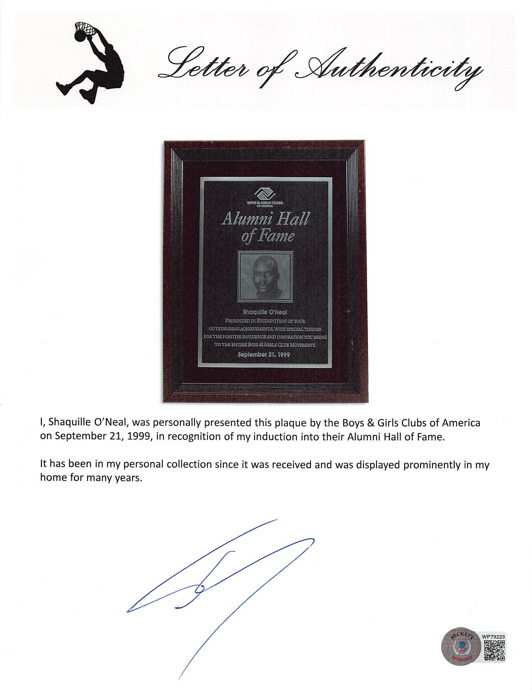 Shaquille O'Neal 1999 Boys & Girls Club Alumni Hall of Fame Plaque Un-signed