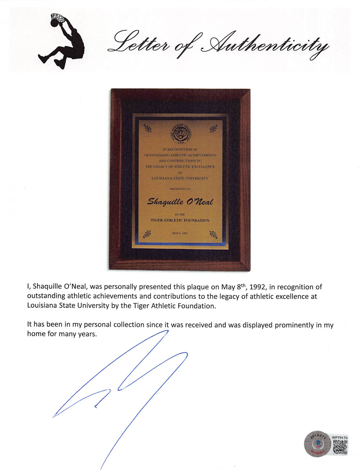 Shaquille O'Neal 1992 Outstanding Athletic Achievements and Contributions Plaque