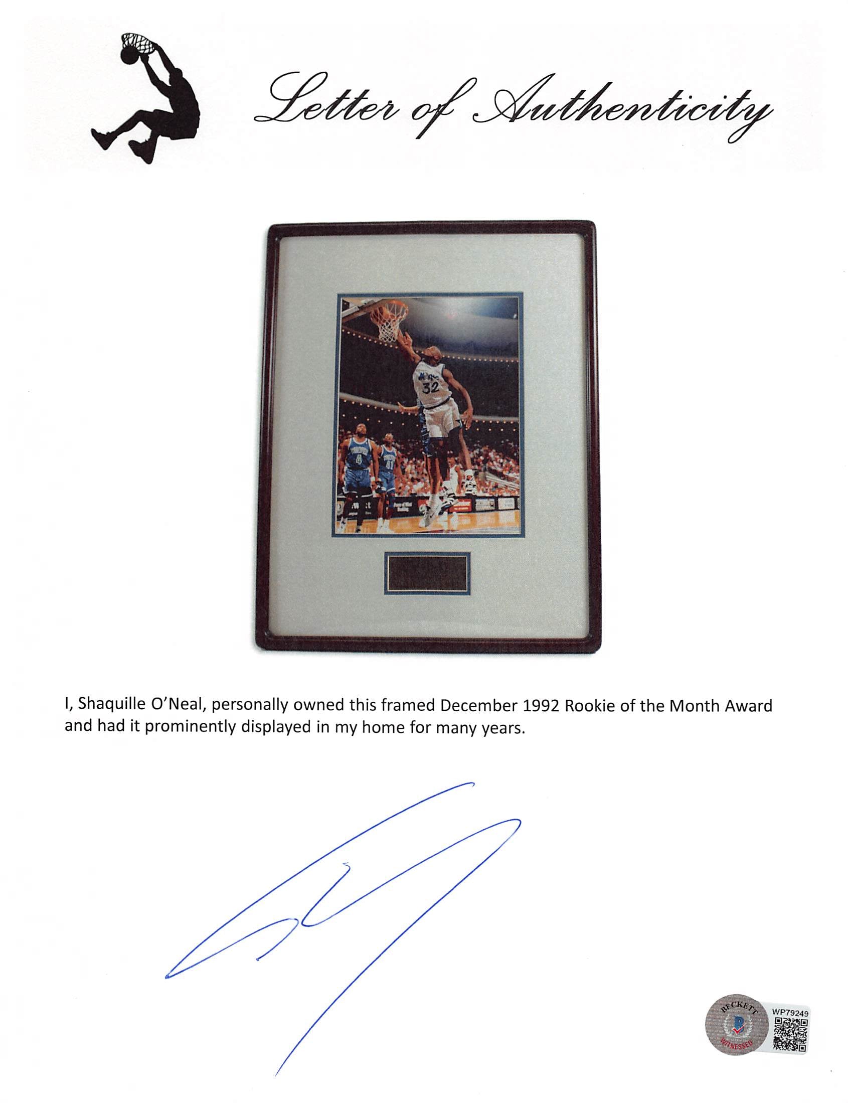 Magic Shaquille O'Neal Dec 1992 Coca-Cola Classic NBA Rookie of the Month Award