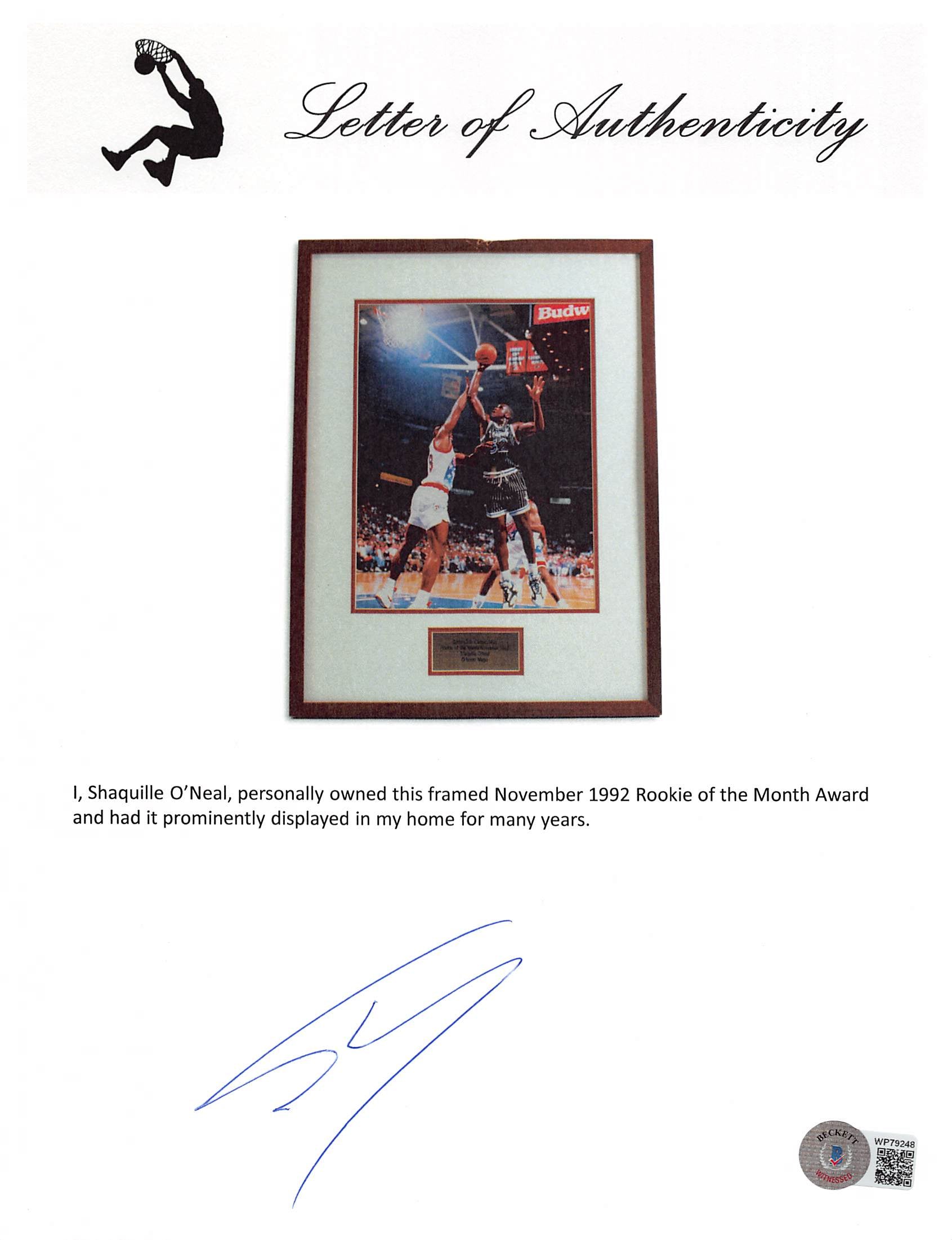 Magic Shaquille O'Neal Nov 1992 Coca-Cola Classic NBA Rookie of the Month Award