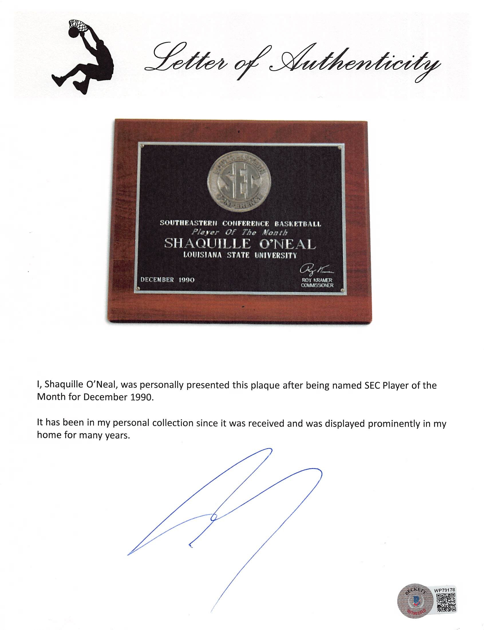 Shaquille O'Neal December 1990 SEC Player of the Month Plaque Un-signed