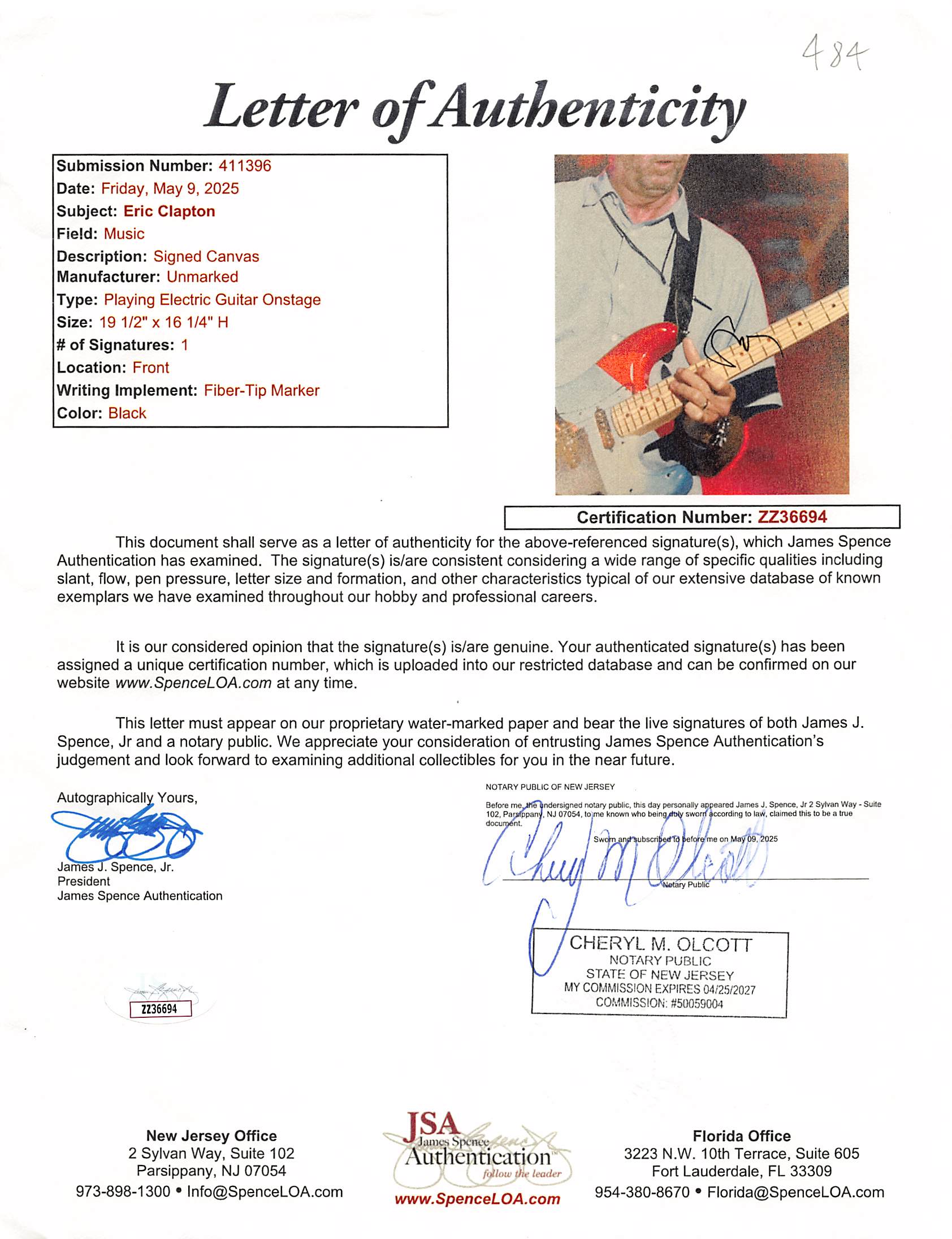 Eric Clapton Authentic Signed & Framed 16x20 Horizontal Canvas JSA #ZZ36694