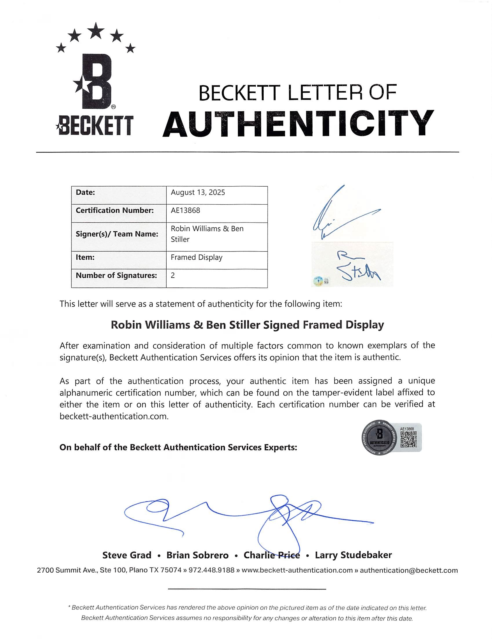 Robin Williams & Ben Stiller Night at the Museum Signed Framed Display BAS LOA