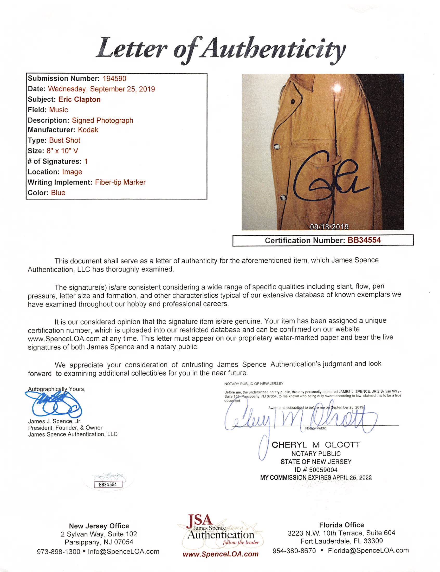 Eric Clapton Authentic Signed 8x10 Framed Photo Autographed JSA #BB34554