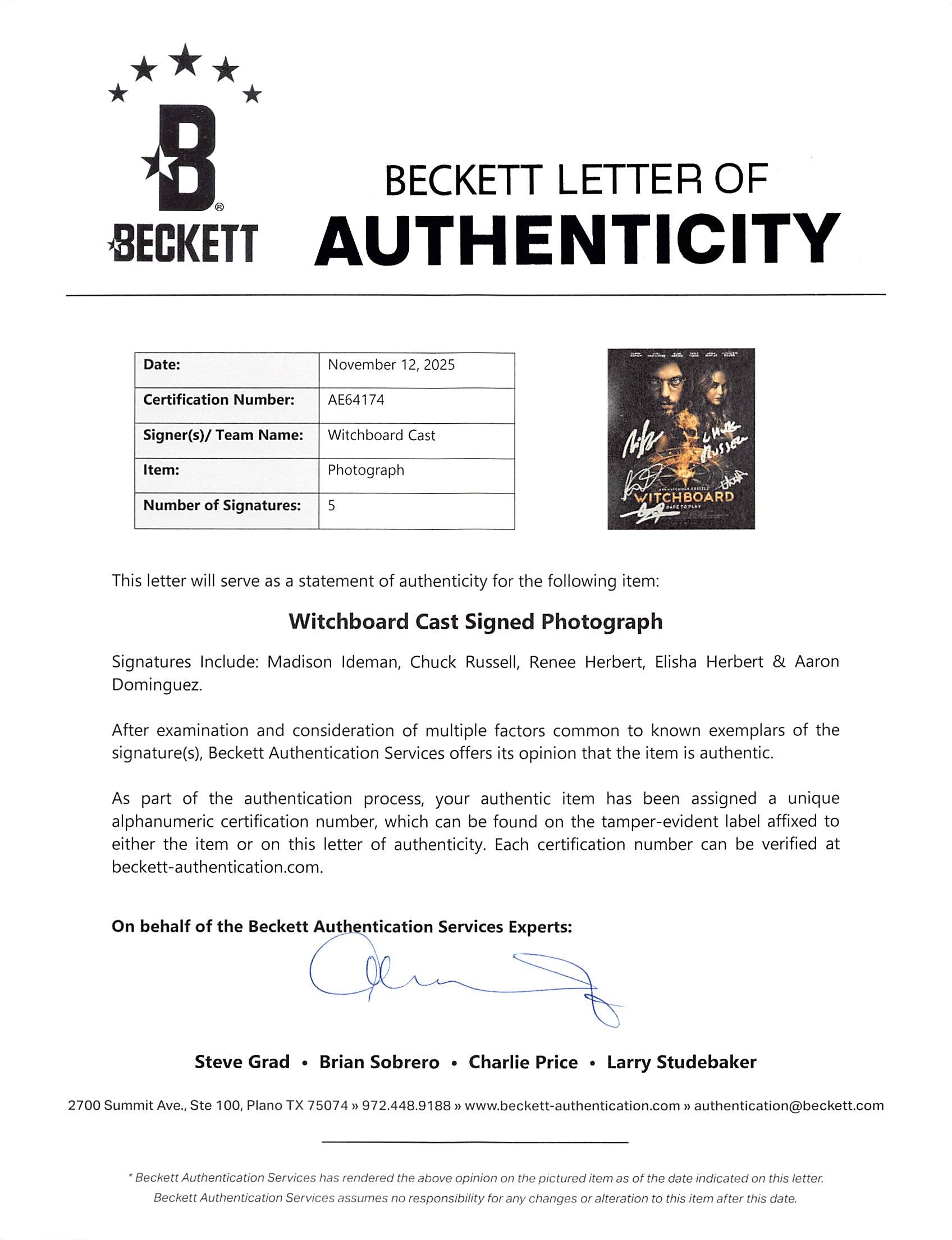 Witchboard (6) Ideman, Russell, Dominguez +3 Signed 8x10 Photo BAS #AE64174