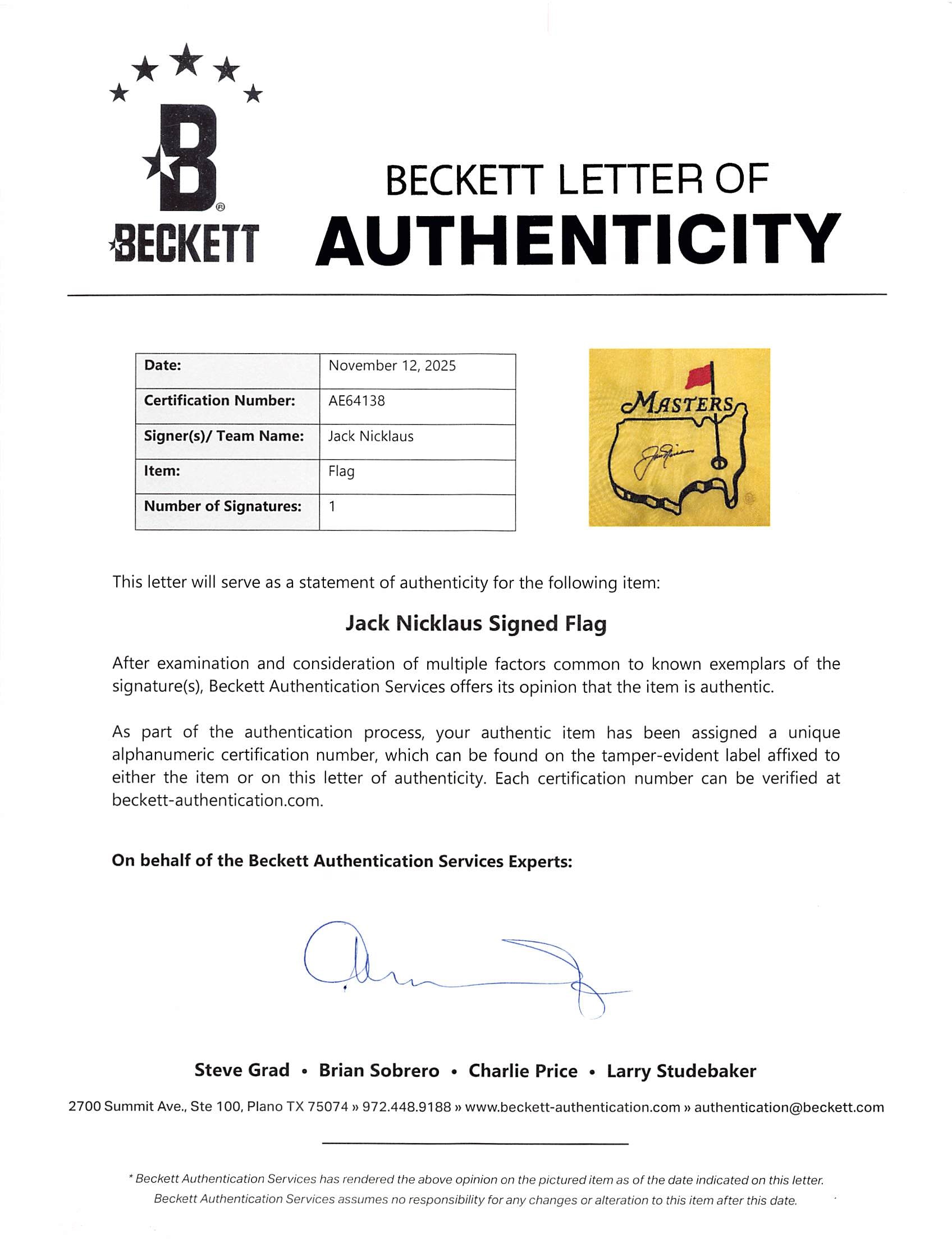 Jack Nicklaus Authentic Signed Undated Yellow Masters Pin Flag BAS LOA