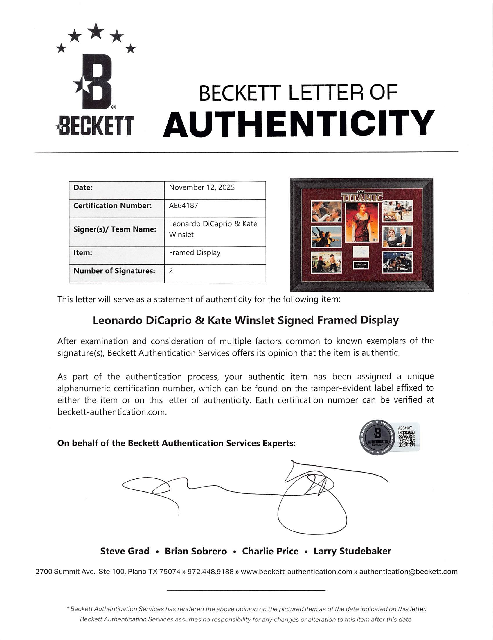 Leonard DiCaprio & Kate Winslet Titanic Signed 8x10 Framed Photo BAS #AE64187