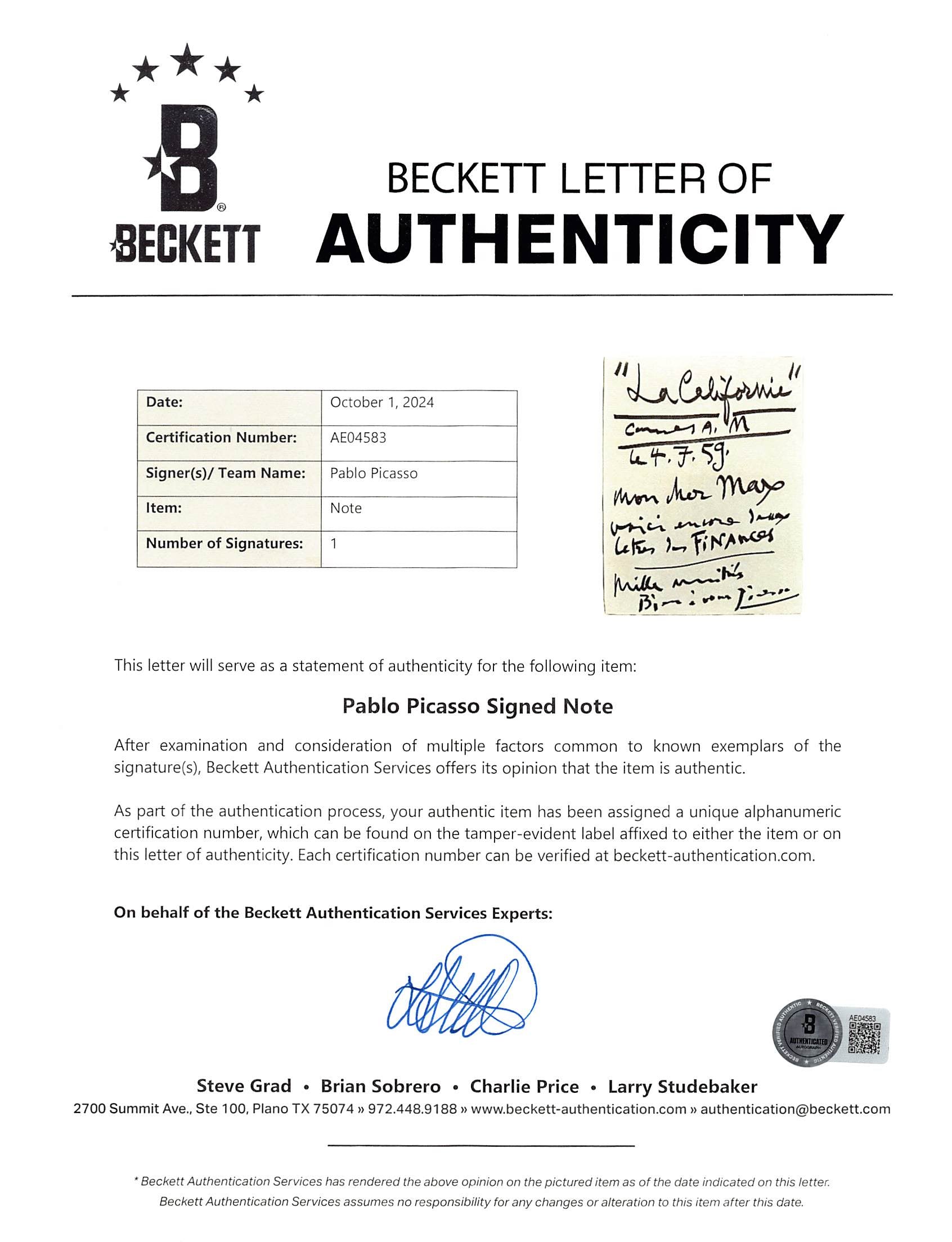 Pablo Picasso Authentic Signed & Handwritten 8.25x10.5 Letter BAS #AE04583