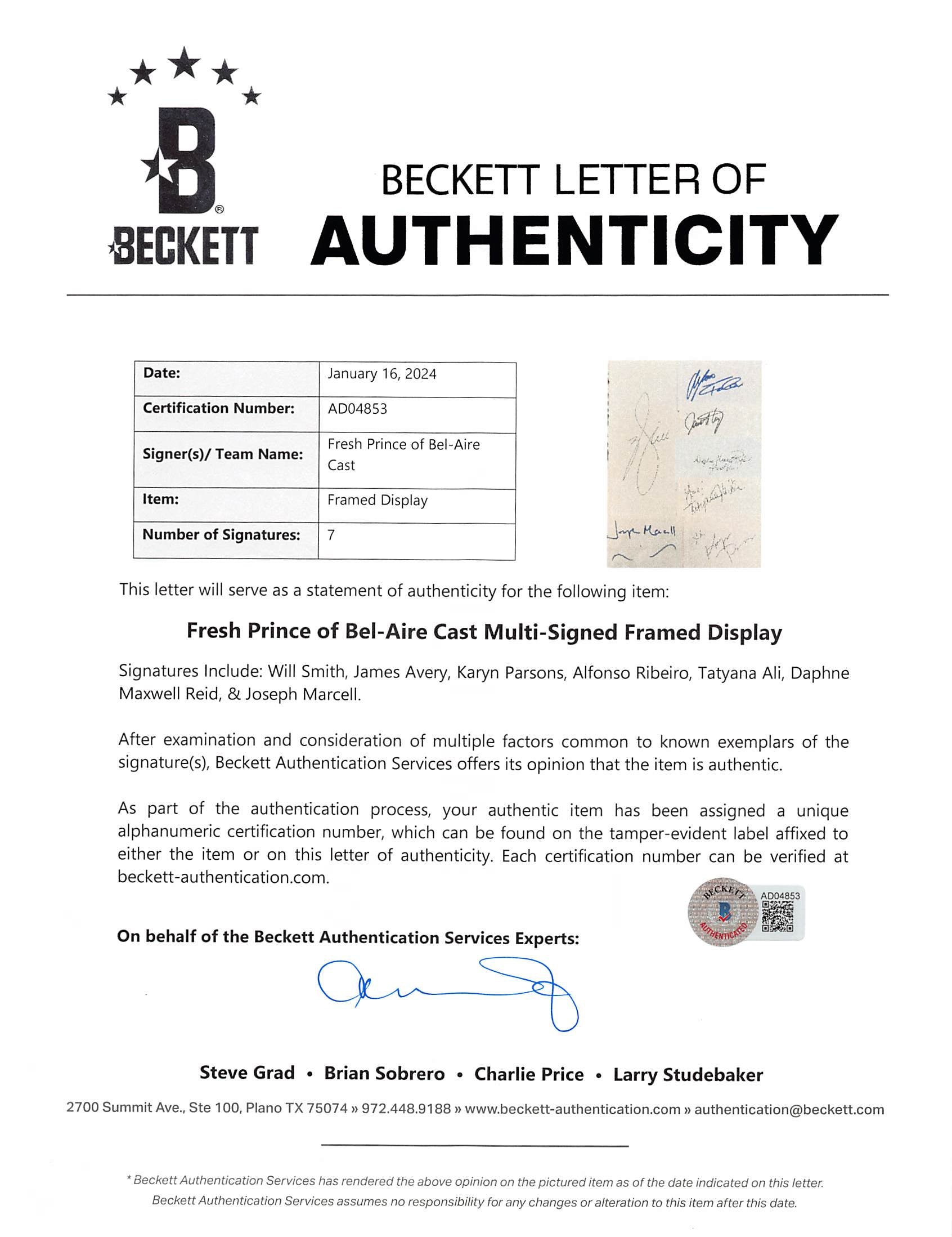 Fresh Prince of Bel-Air (7) Smith, Parsons, Ribeiro +4 Signed Framed Display BAS