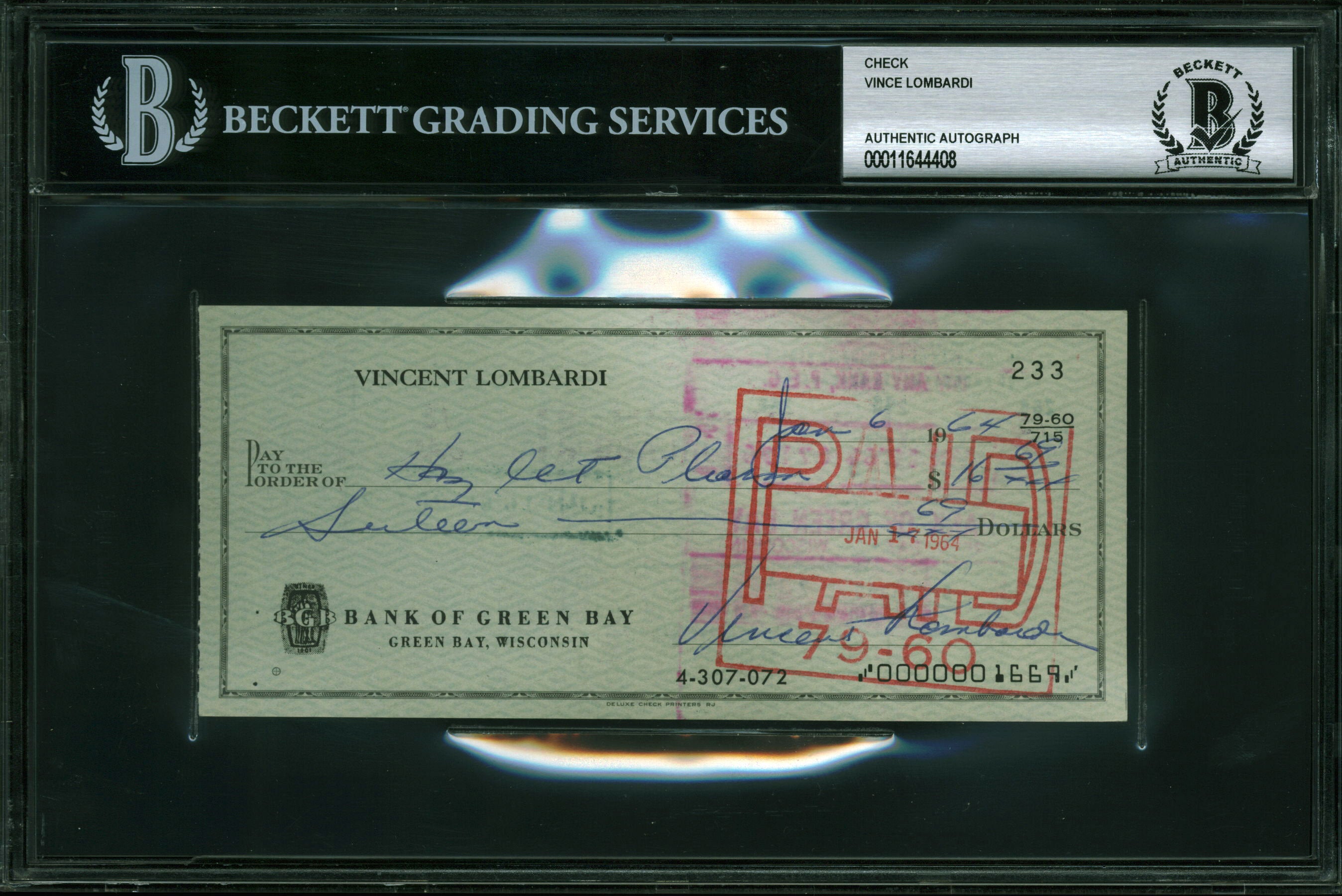 Packers Vince Lombardi Signed 2.75x6.25 Personal Check BAS Slabbed #11644408