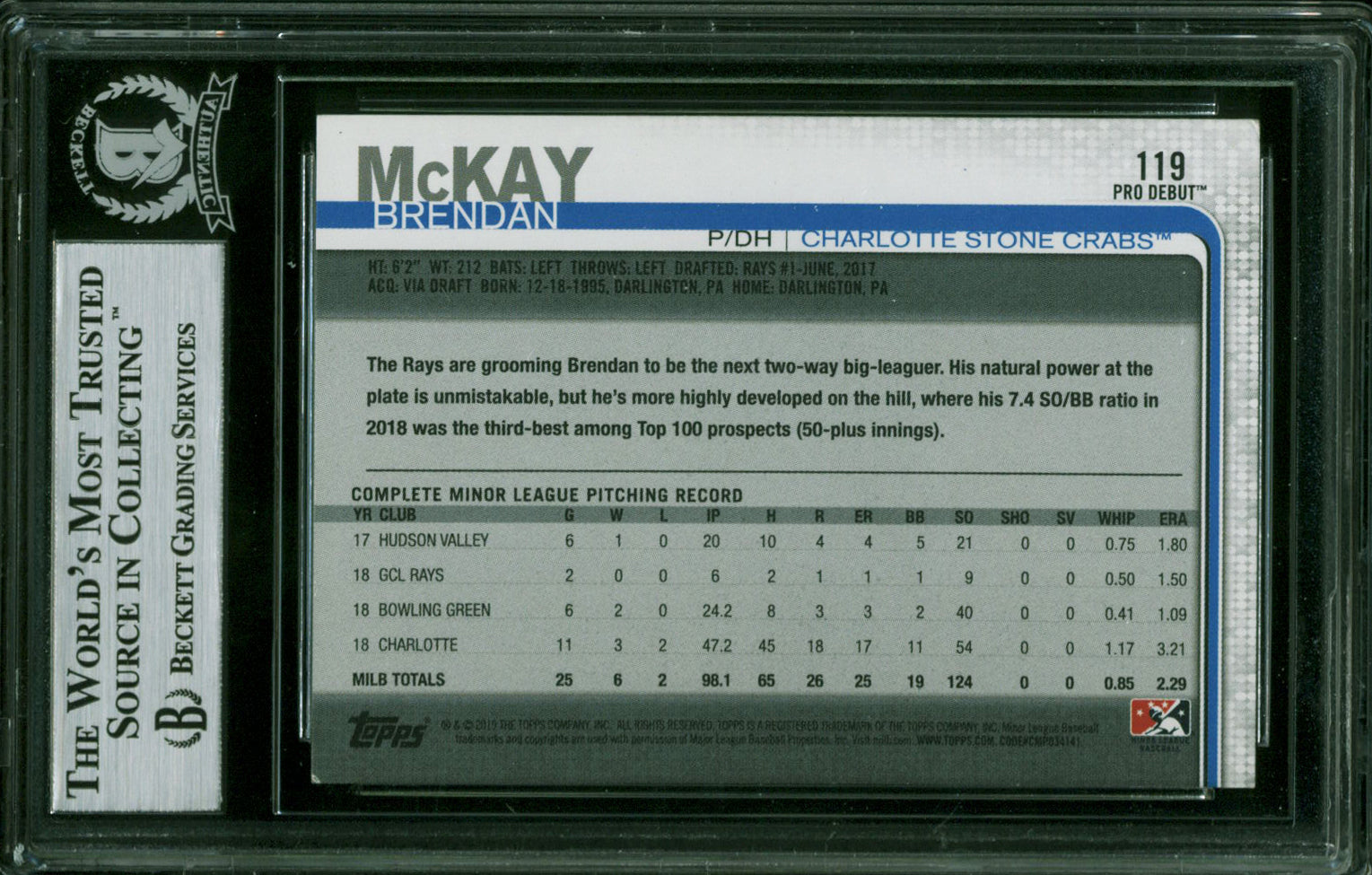 Rays Brendan McKay Signed 2019 Topps Pro Debut #119 RC Card BAS Slabbed 12256928