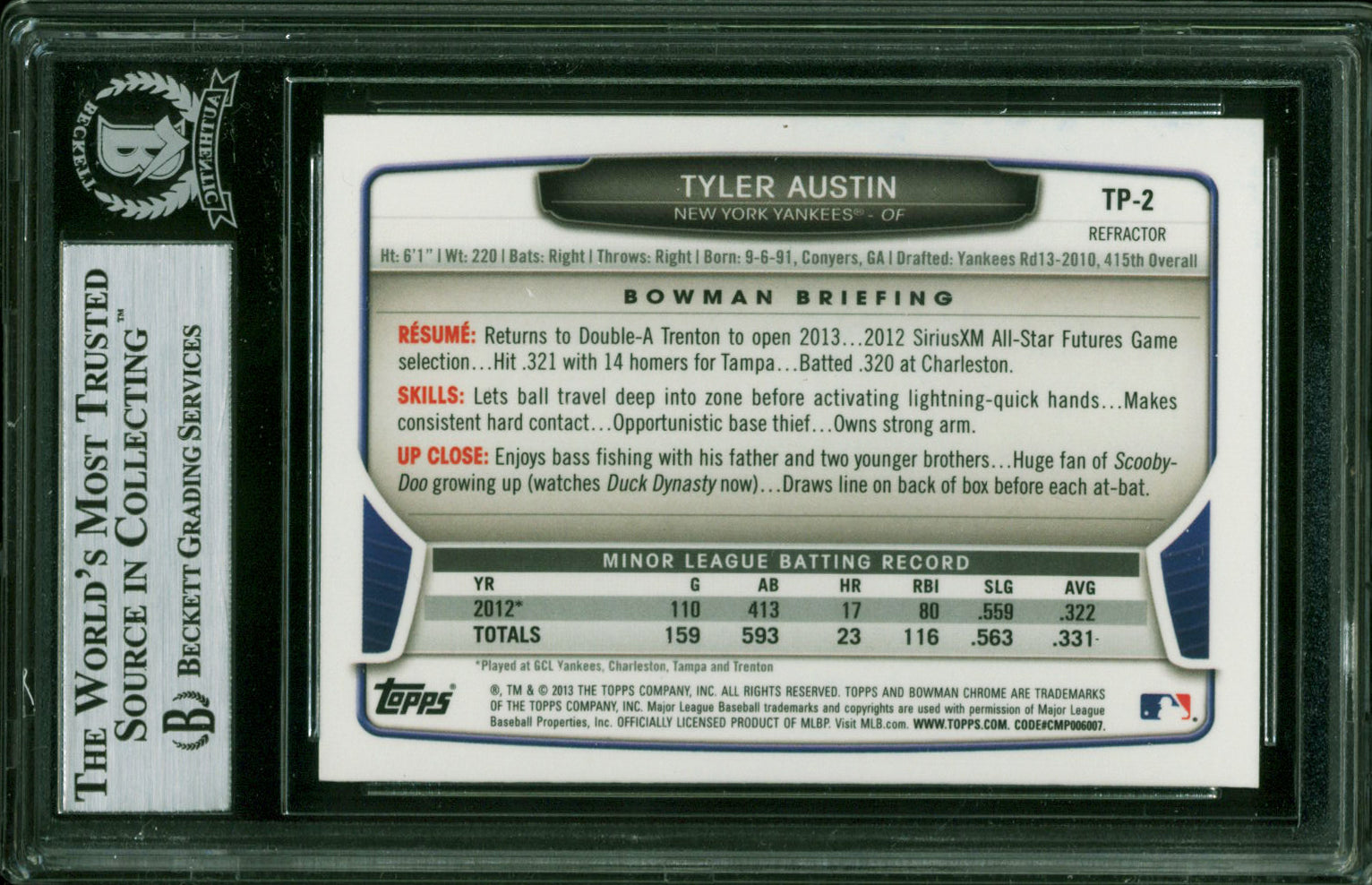 Yankees Tyler Austin Signed 2013 Bowman Chrome DPR #TP2 Rookie Card BAS Slabbed