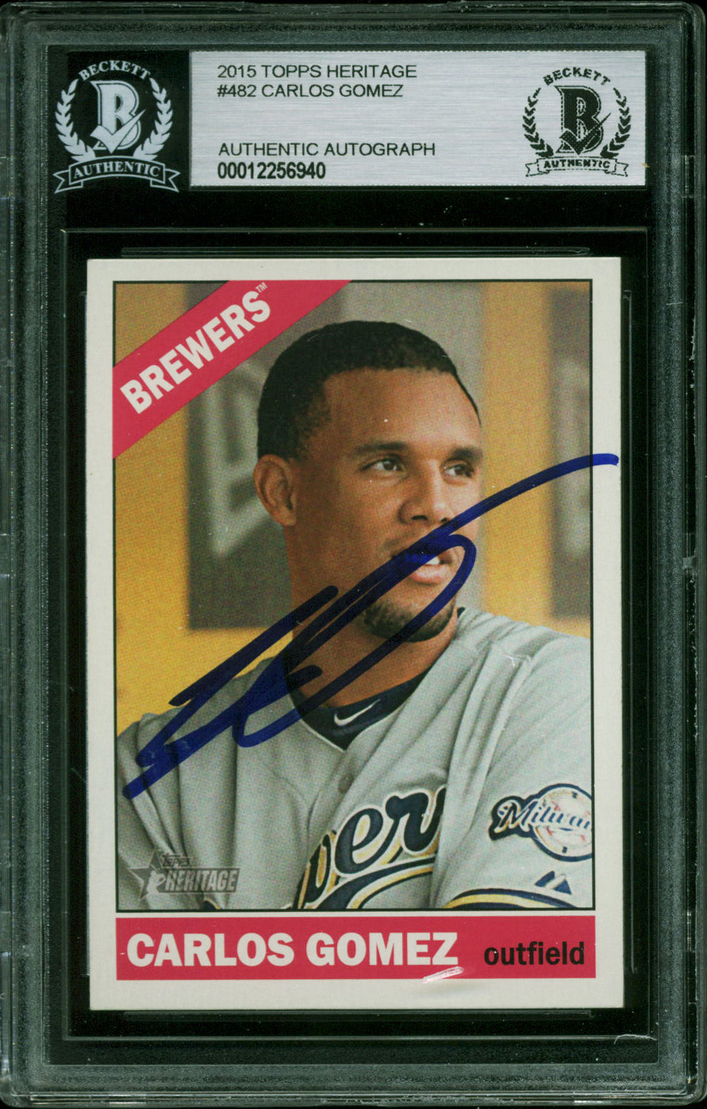 Brewers Carlos Gomez Authentic Signed 2015 Topps Heritage #482 Card BAS Slabbed