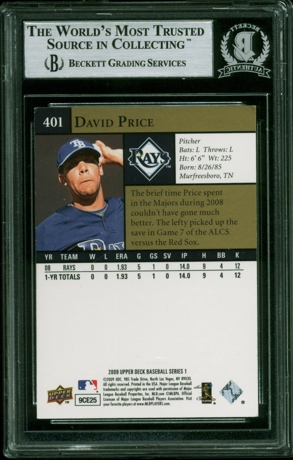 Red Sox David Price Authentic Signed 2009 Upper Deck #401A Rookie Card BAS Slab