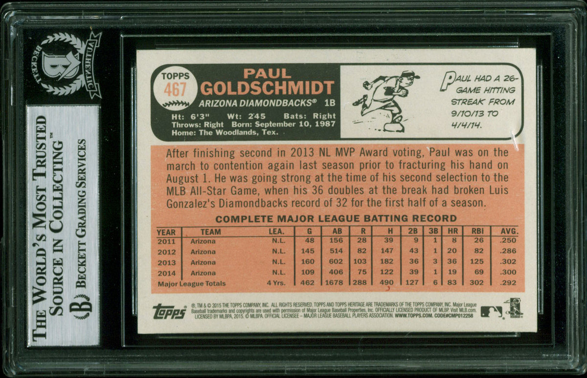 D-Backs Paul Goldschmidt Signed 2015 Topps Heritage #467A Card BAS Slabbed