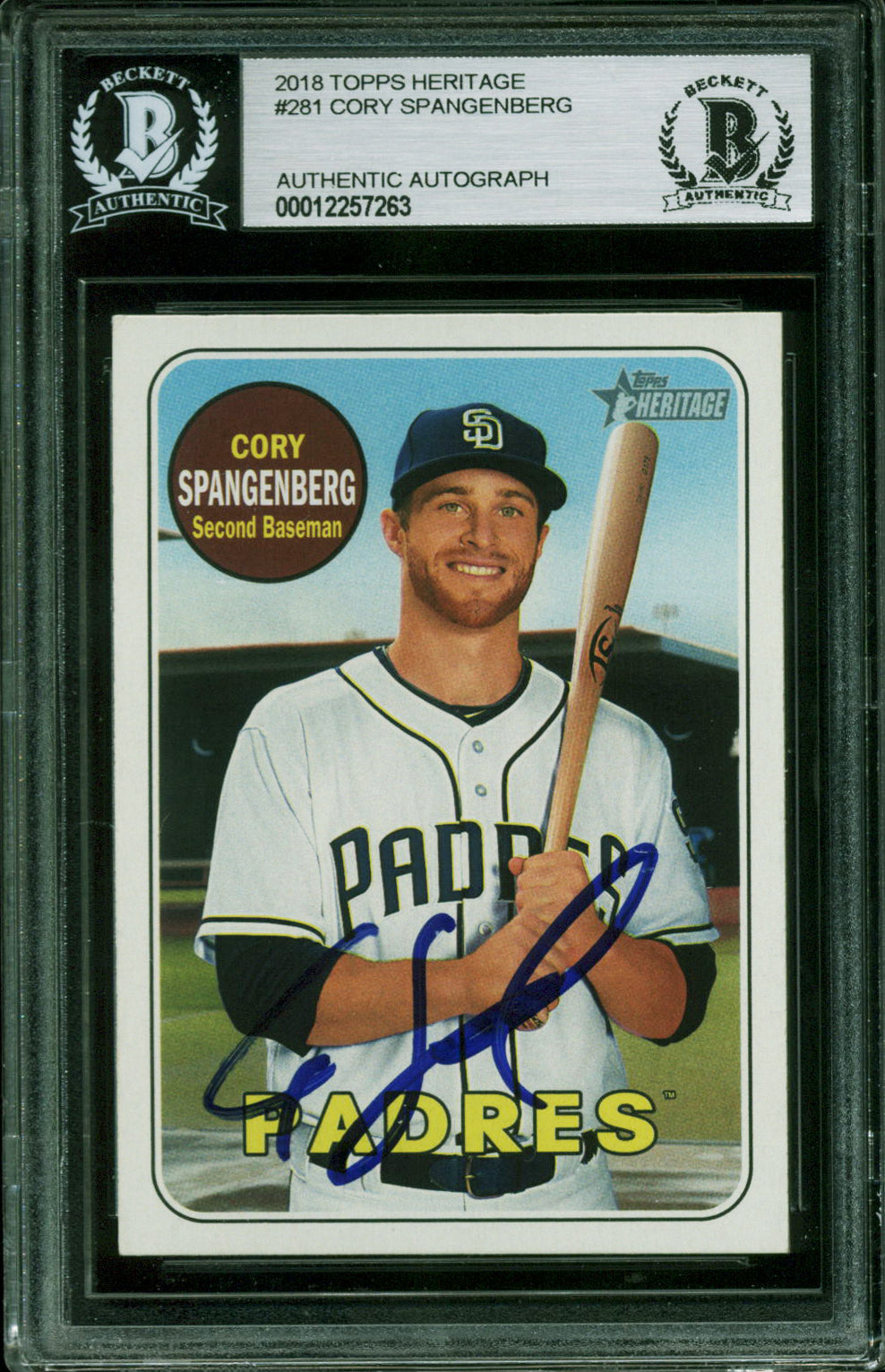 Padres Cory Spangenberg Authentic Signed 2018 Topps Heritage #281 Card BAS Slab