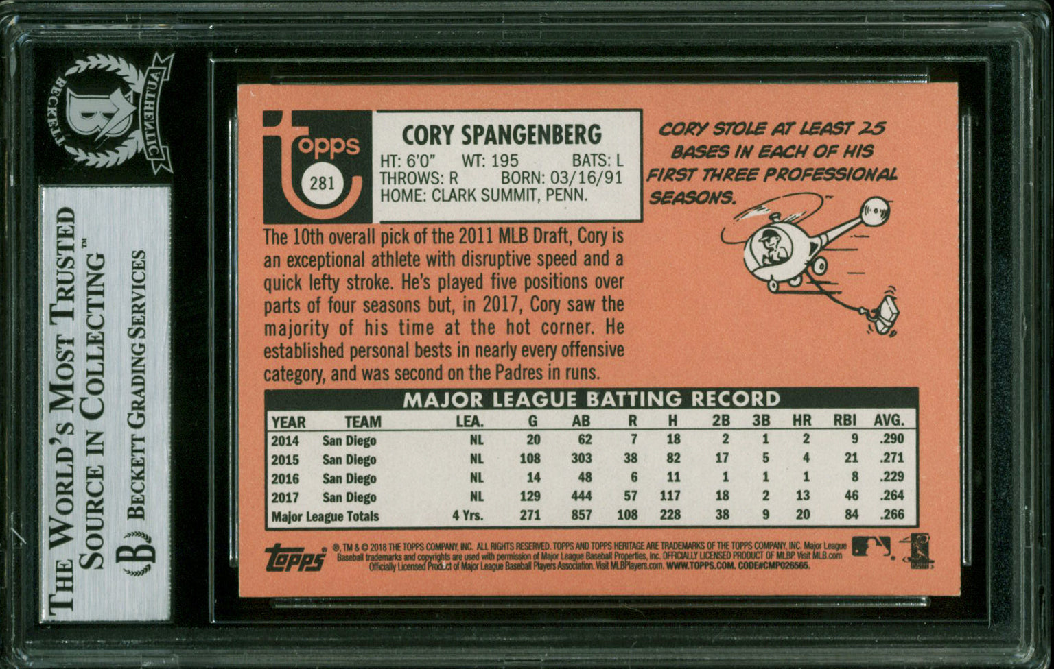 Padres Cory Spangenberg Authentic Signed 2018 Topps Heritage #281 Card BAS Slab