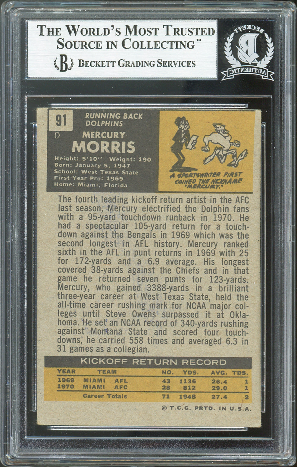Dolphins Mercury Morris "17-0" Signed 1971 Topps #91 Card BAS Slabbed #12398576