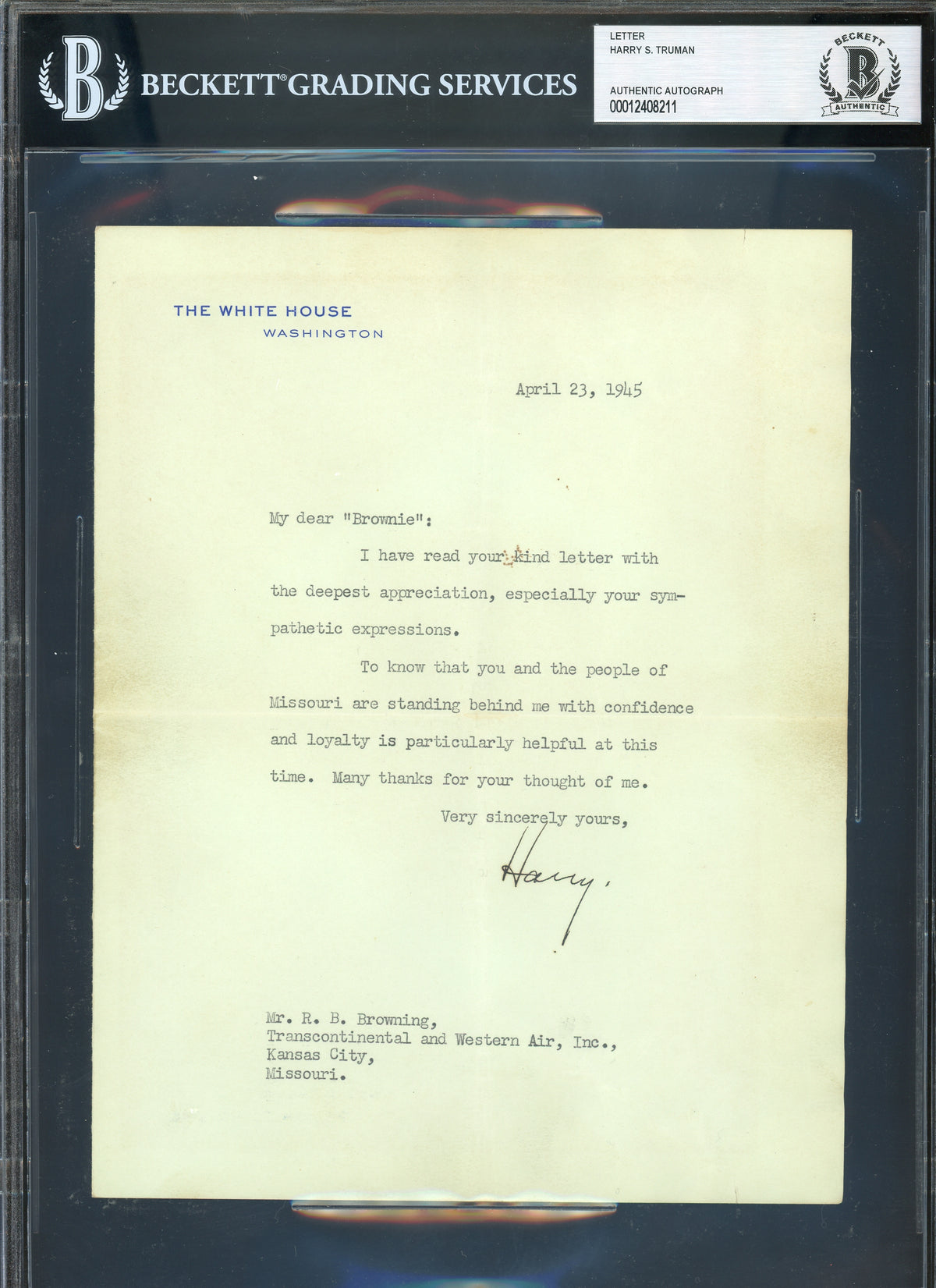 Harry S. Truman Signed 7x8.75 1945 Letter On White House Stationary BAS Slabbed