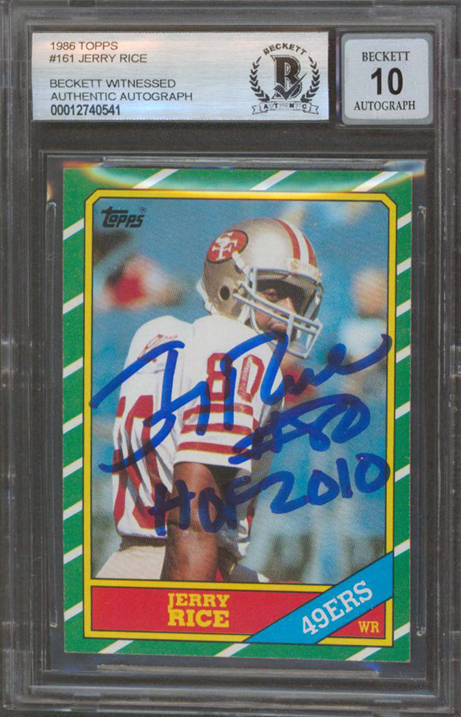 49ers Jerry Rice "HOF 2010" Signed 1986 Topps #161 RC Card Auto 10 BAS Slabbed 4