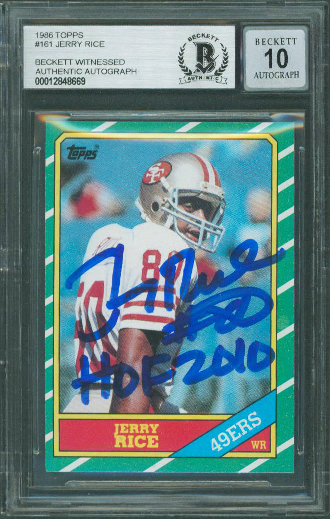 49ers Jerry Rice "HOF 2010" Signed 1986 Topps #161 RC Card Auto 10 BAS Slabbed