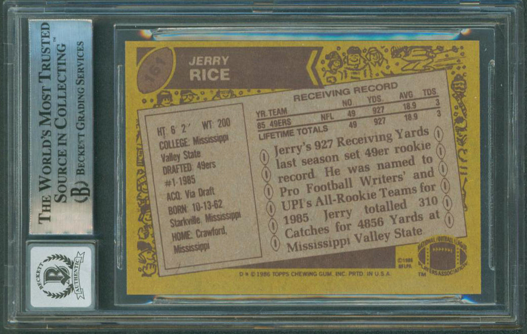 49ers Jerry Rice "HOF 2010" Signed 1986 Topps #161 RC Card Auto 10 BAS Slabbed
