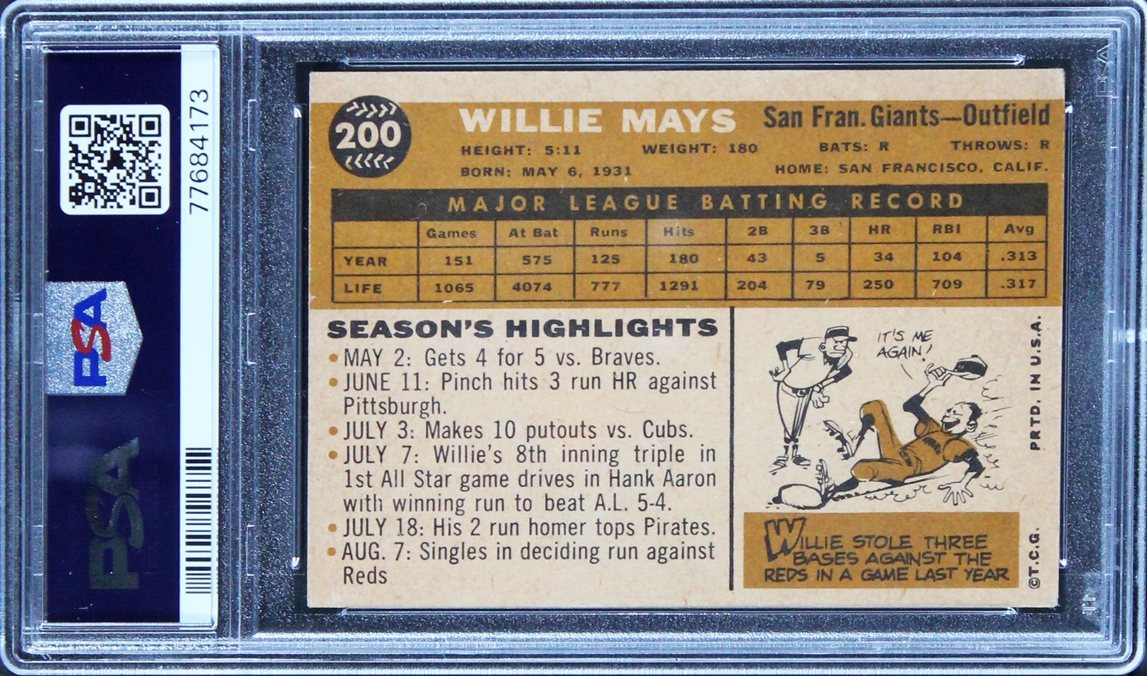 Giants Willie Mays Authentic Signed 1960 Topps #200 Card Auto 10! PSA Slabbed