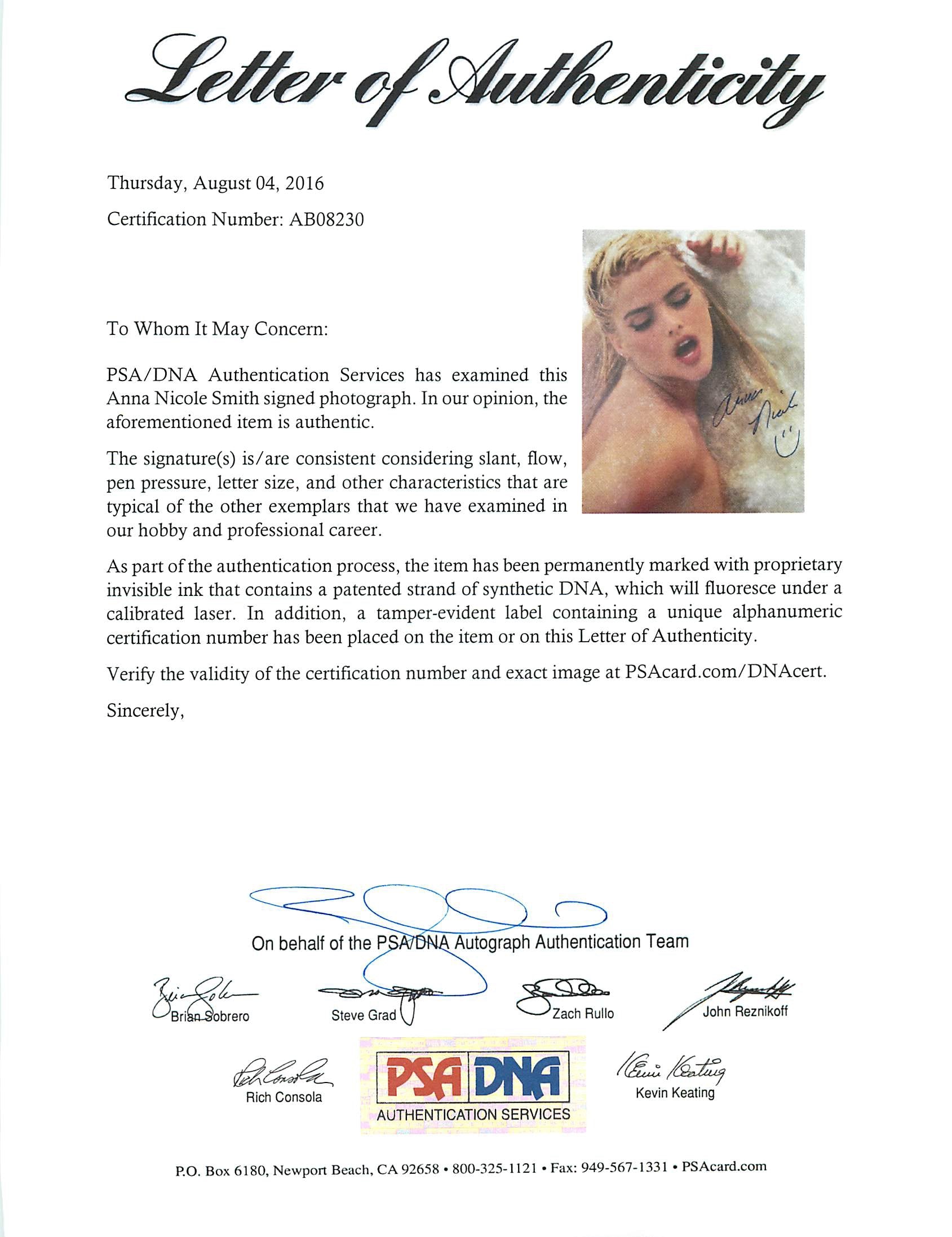 Anna Nicole Smith Sexy Authentic Signed 8.5x11 Edenquest Photo PSA/DNA #AB08230