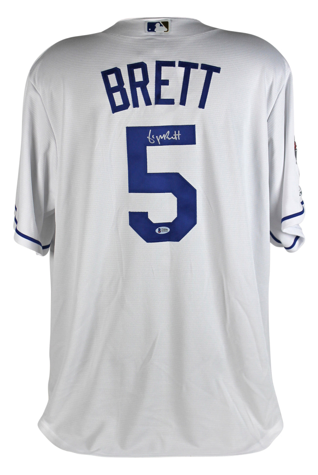 Royals George Brett Signed White Majestic Jersey w/ 2015 WS Champions Patch BAS
