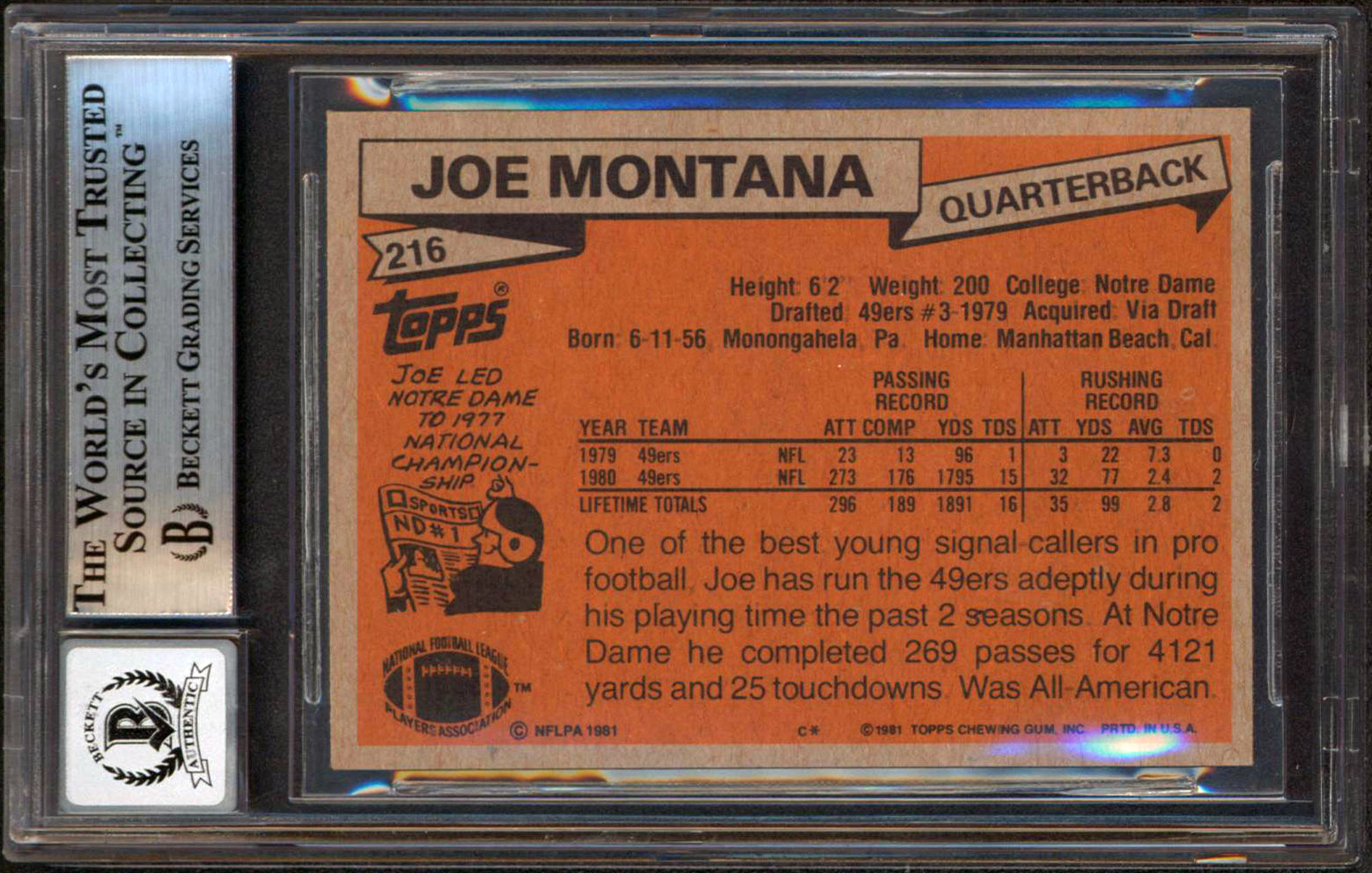 49ers Joe Montana "HOF 2000" Signed 1981 Topps #216 RC Card Auto 10! BAS Slab 3