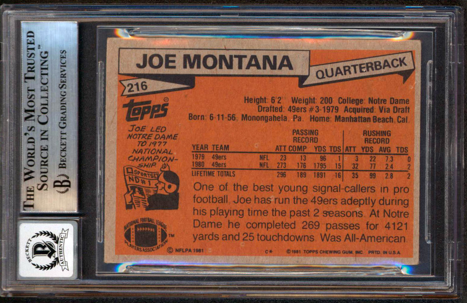 49ers Joe Montana "HOF 2000" Signed 1981 Topps #216 RC Card Auto 10! BAS Slab 4